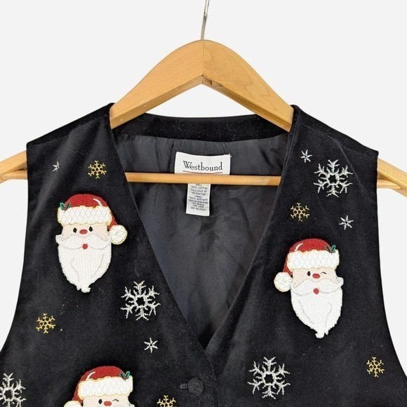 Vintage 90s Westbound Santa Applique Snowflake Holiday Vest Black Medium