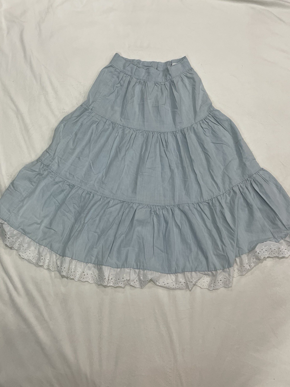 Tarazzia Vintage Midi A-line Skirt Light Denim With White Lace Whimsical