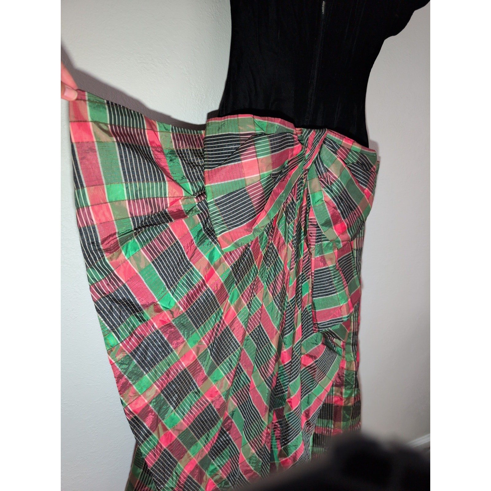 Vintage Party Lines by Domb Black Velvet Green/Pink Taffeta Dress Ball gown XXS