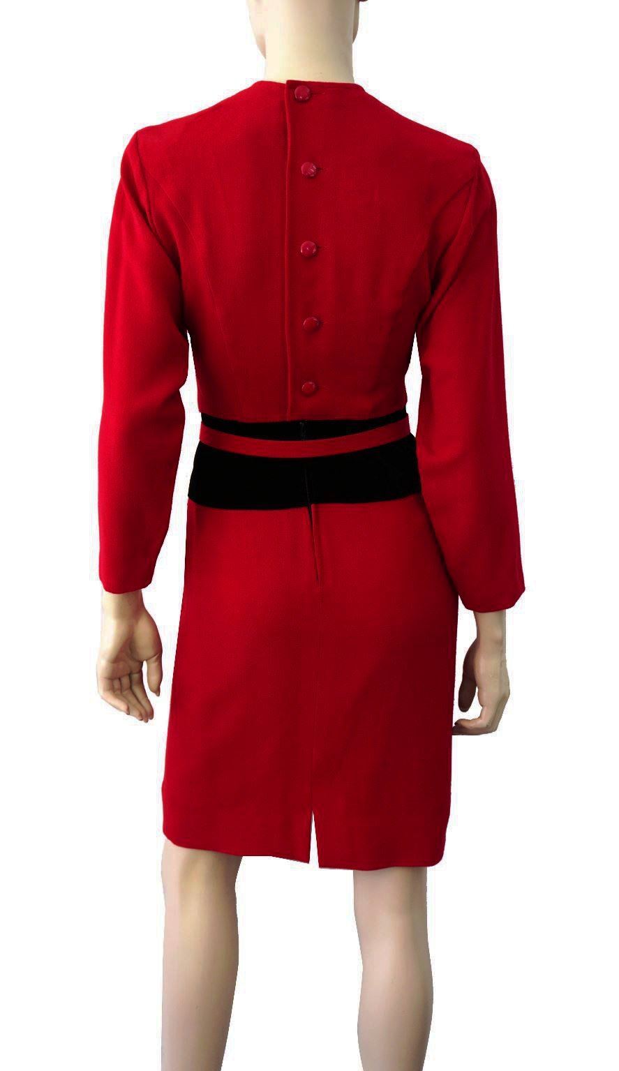 GUY LAROCHE Vintage 80s Red Wool Crepe Dolman Sleeve Belted Dress 34 US 2