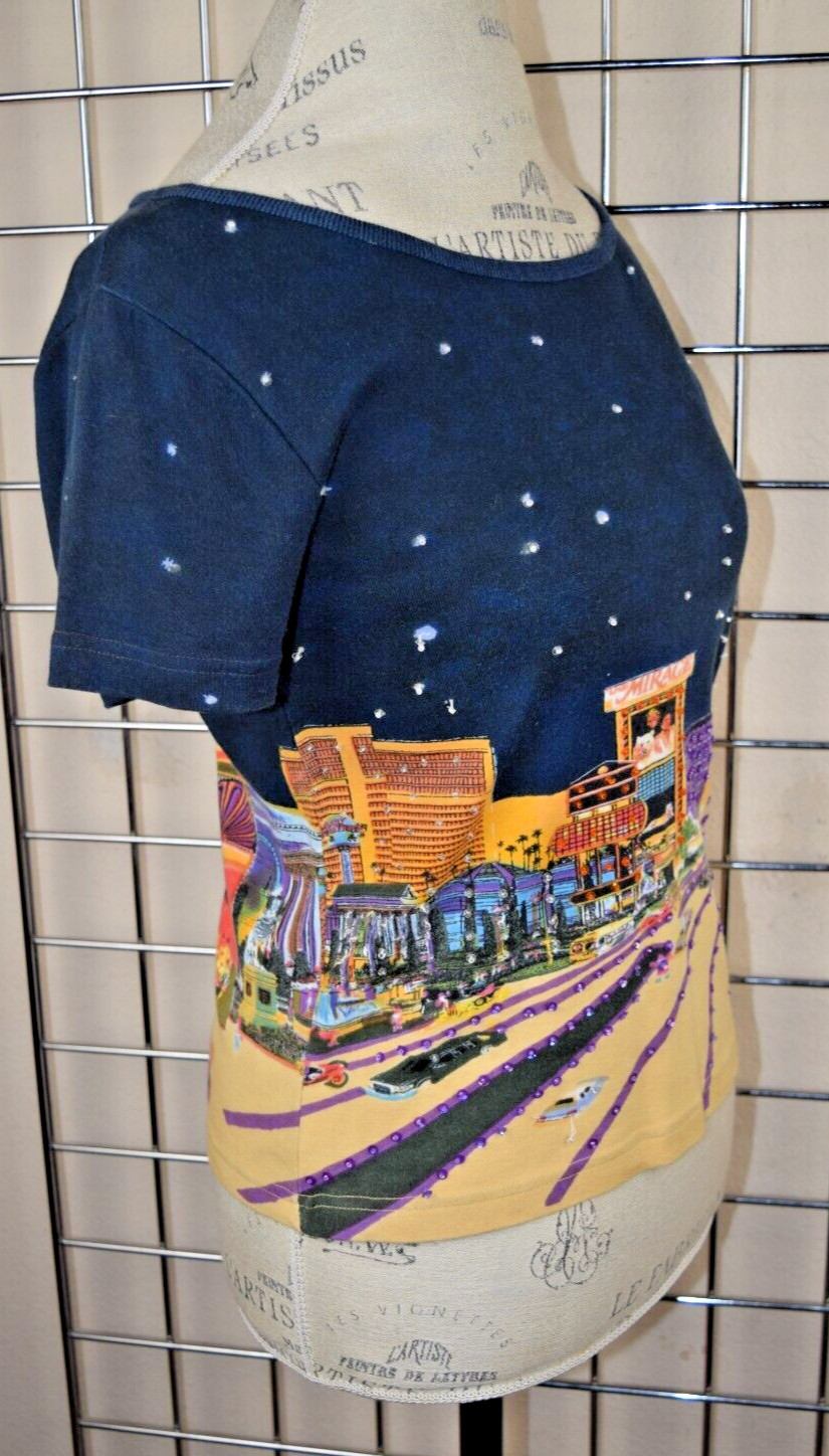 VTG Las Vegas Top Take Two Size S/M 80s City Scape Mirage Siegfried Roy Sequins