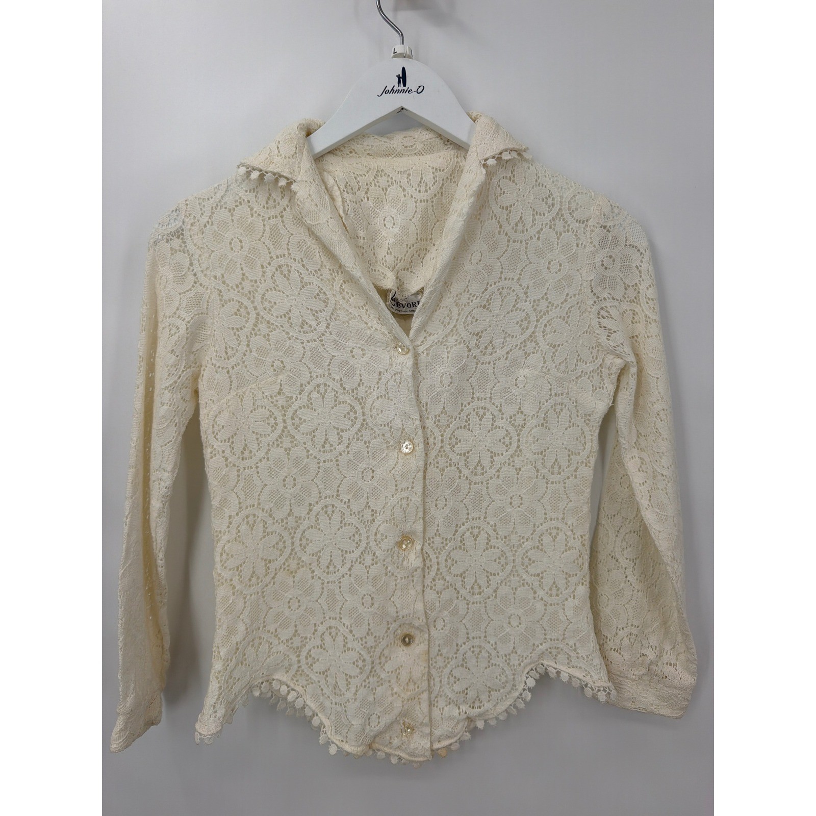 Vintage Bob Devore Hollywood Cream Floral Lace Button Up Blouse Pom Pom Trim
