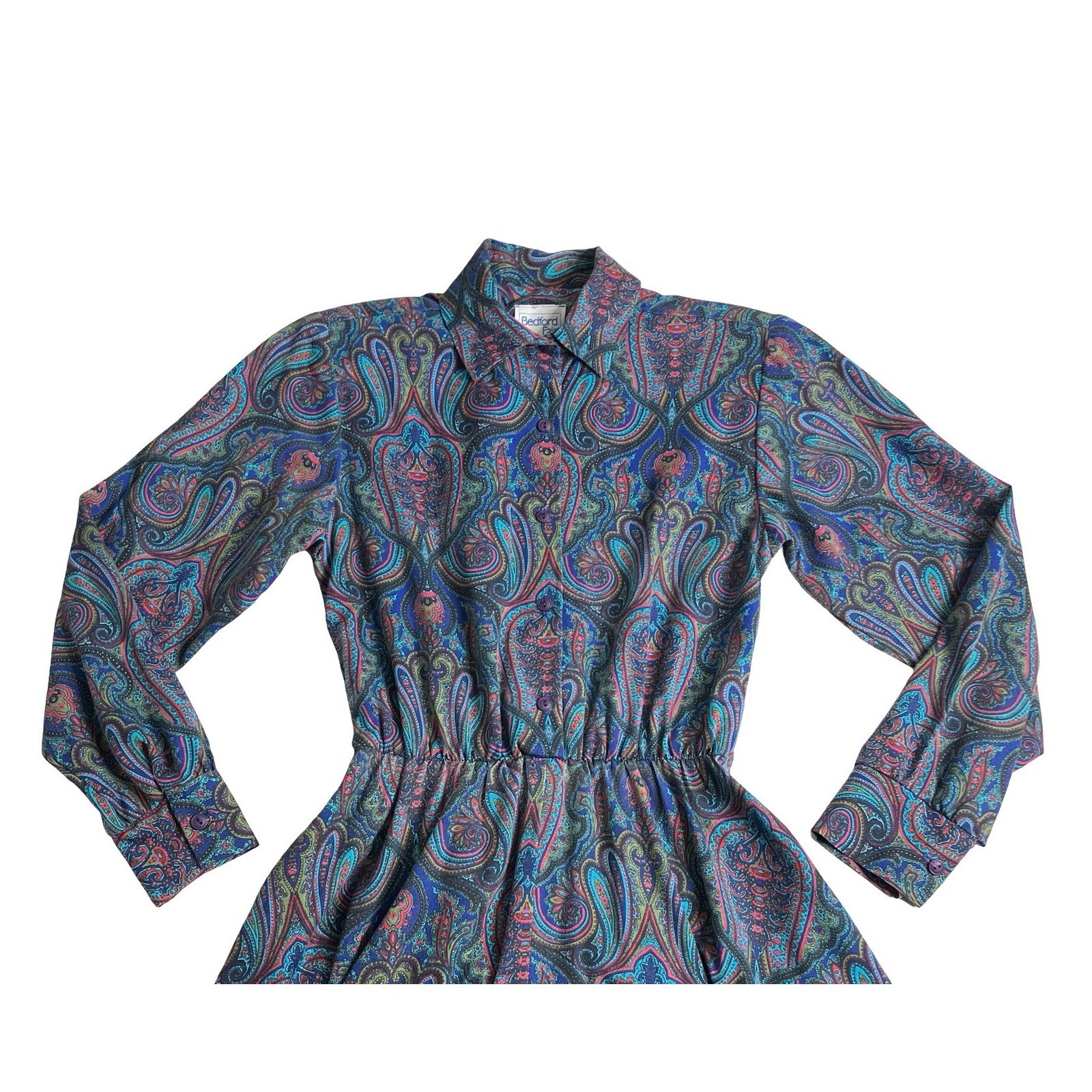Vintage 80s Bedford Fair Paisley Midi Dress Womens 6 Long Sleeve Belted Boho Mod