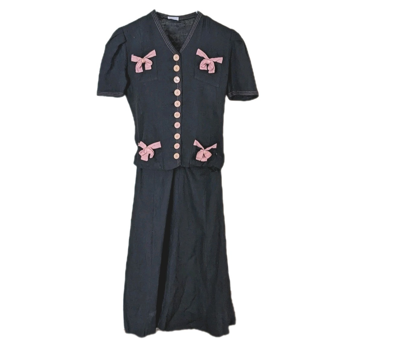 Vintage 1930s Junior Miss FOGA Top & Midi Skirt Set Puff Sleeve Bow Fit & Flare