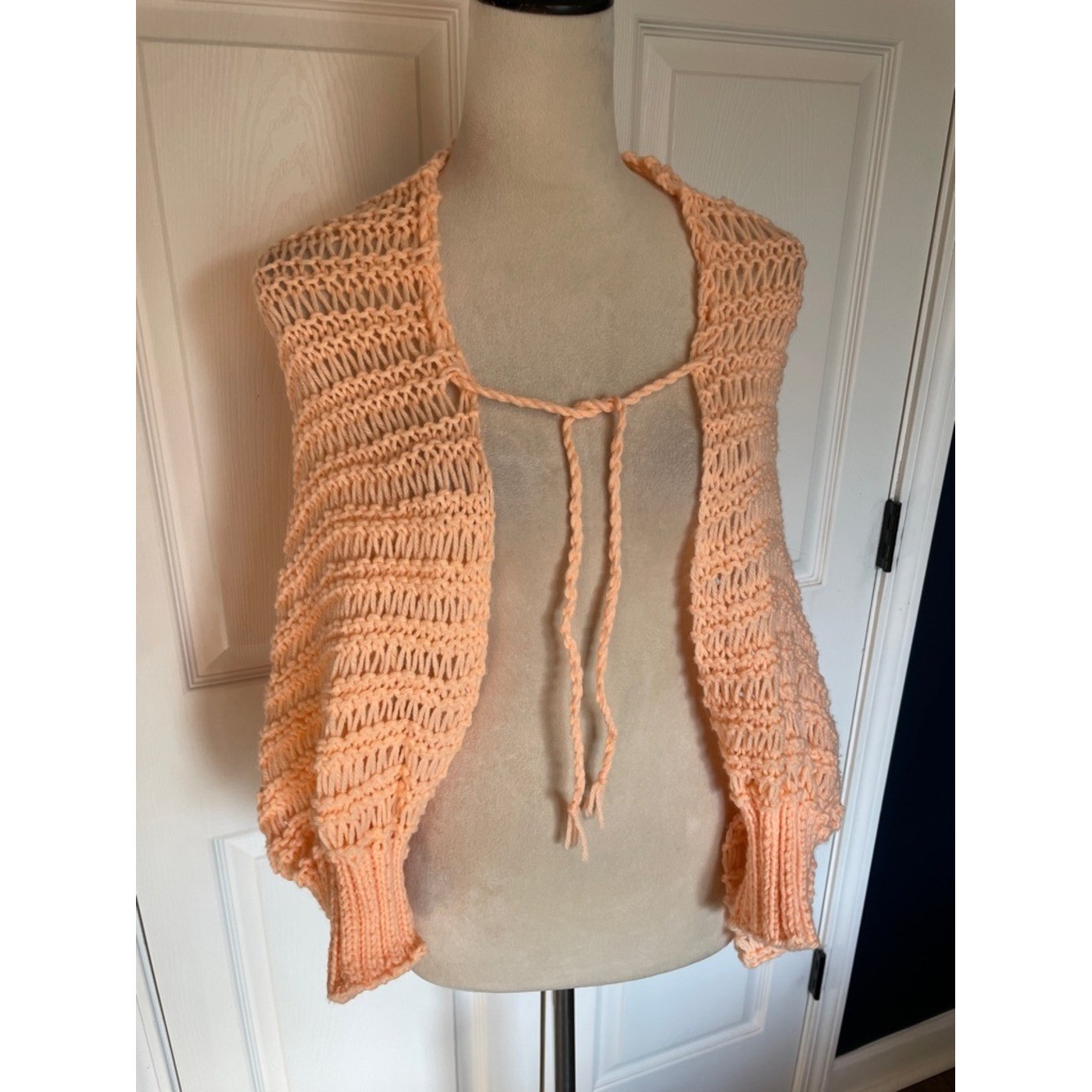 Vintage Handmade Lightweight Peach Open-Knit Tie-Front Cardigan One Size