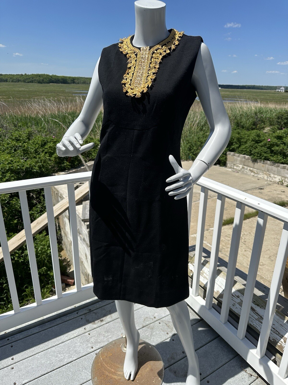1960s Bleeker Street dress black cocktail shift gold trim 70s size 14 classic