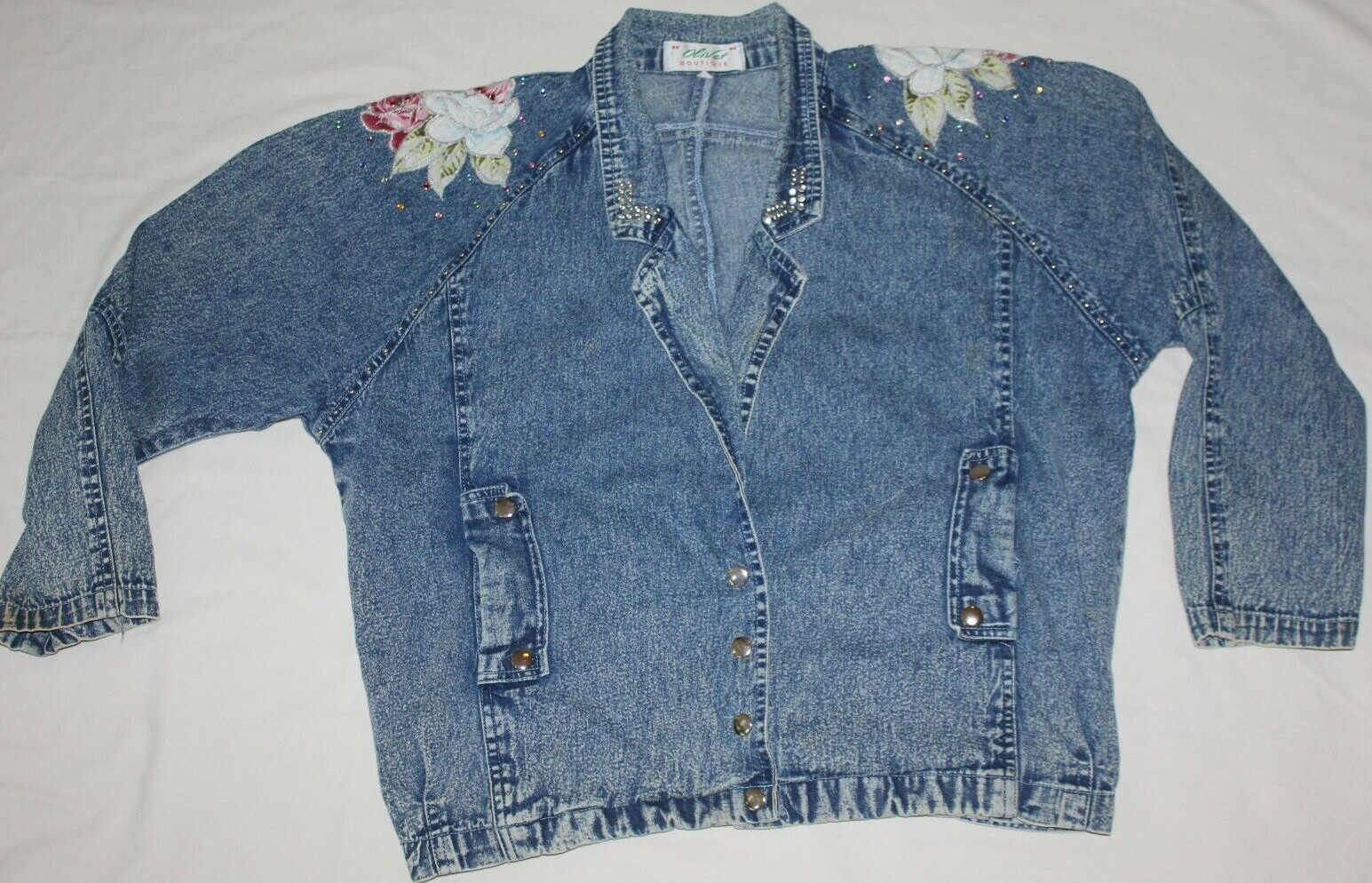 Vintage Denim 1980s Studded ladies M Jean Jacket floral bedazzle blue 90s floral
