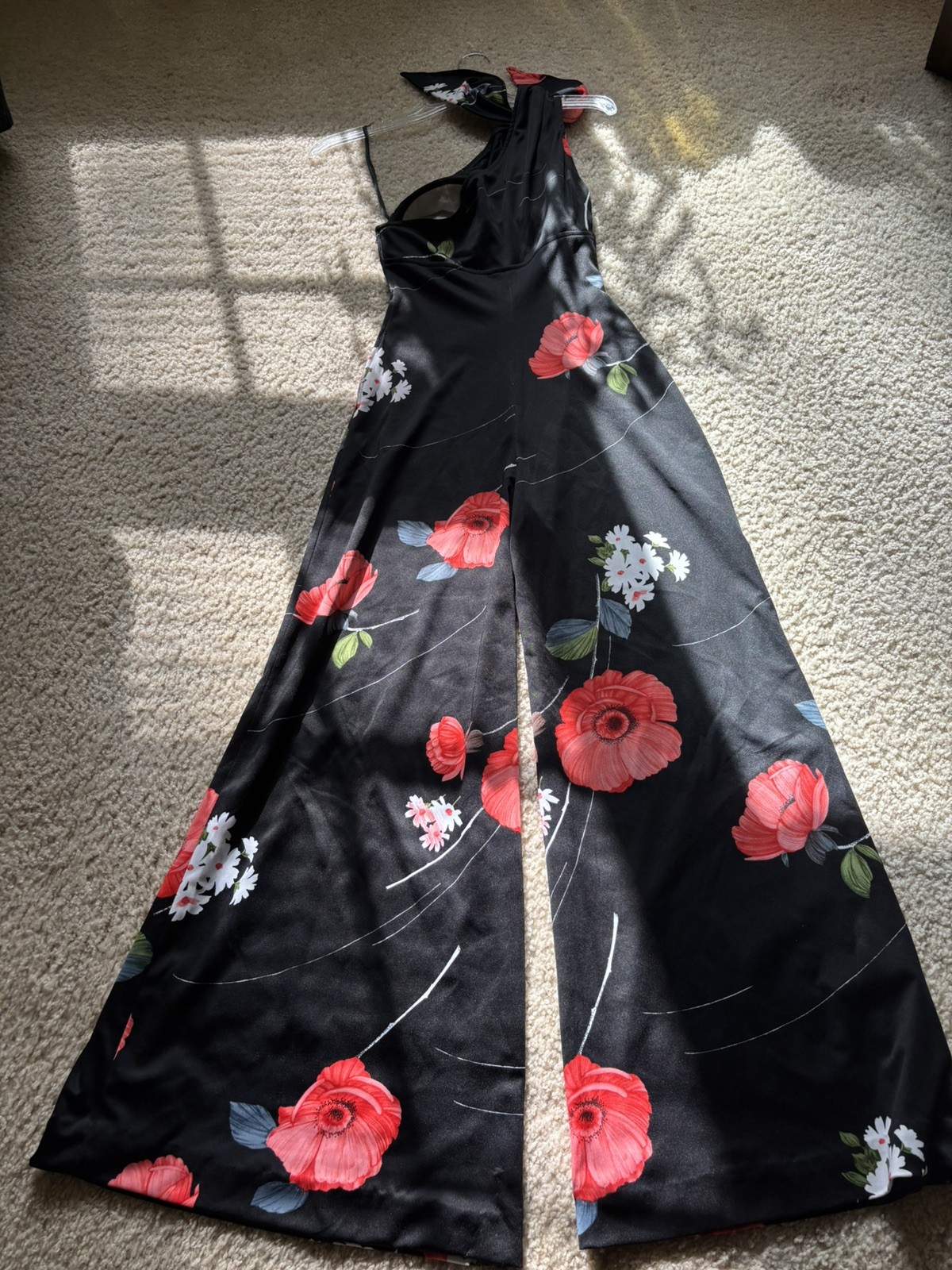 Vintage 1970s Fredericks of Hollywood One Shoulder Wide Leg Jumpsuit Black Red
