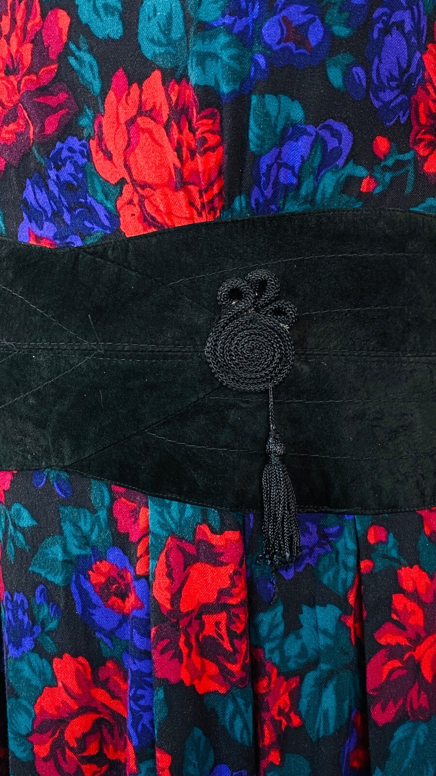 Vintage 1980s red purple floral midi dress, rayon suede waistband Victorian L XL