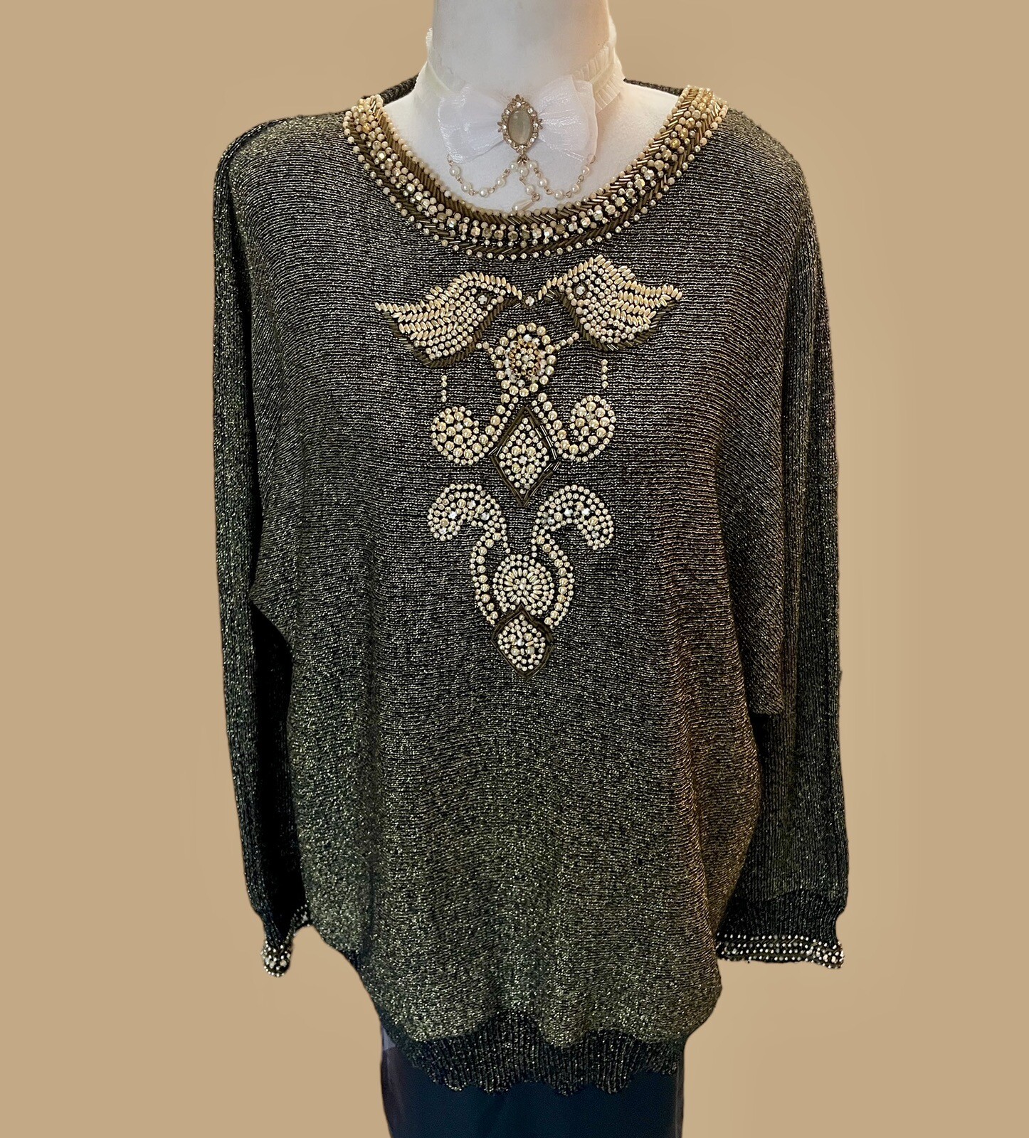 Vintage Sweater McBling Pearl Beads Glam Fairy Goth Evening Knitwear Gold Foil L