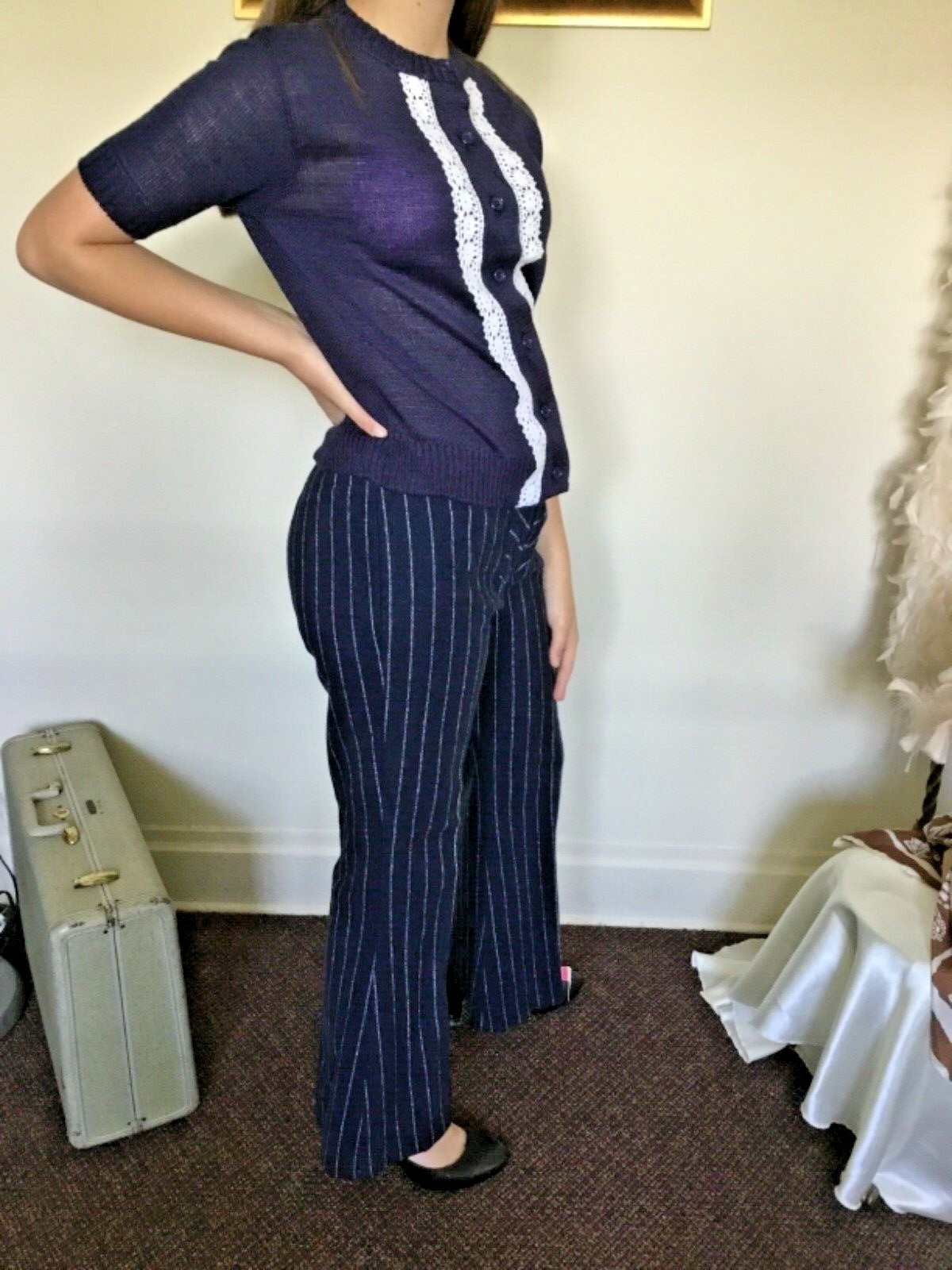 70’s Vintage Navy Blue Hippie White Striped Wide Leg Bell Bottom Pants „NWT”