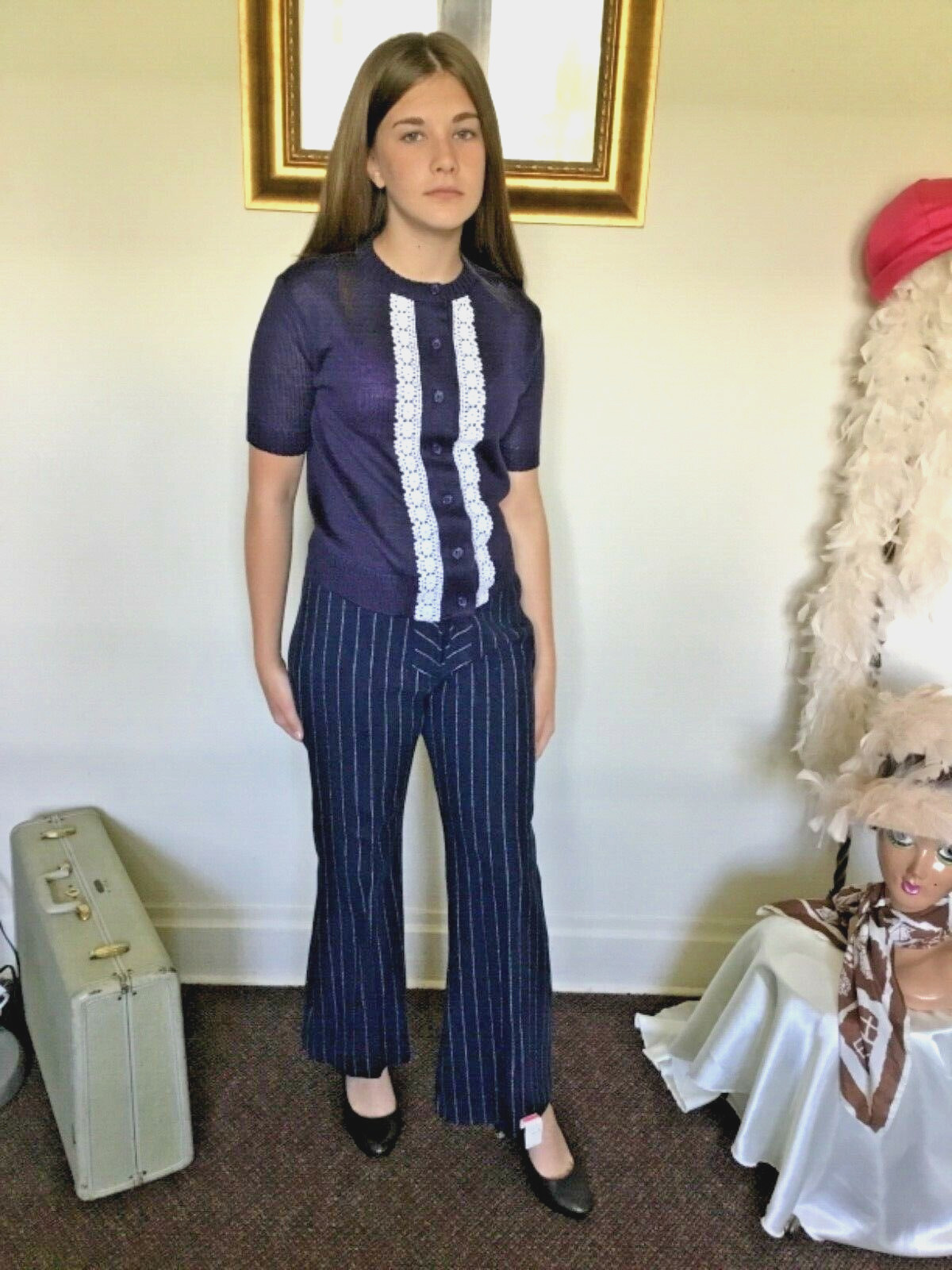 70’s Vintage Navy Blue Hippie White Striped Wide Leg Bell Bottom Pants „NWT”