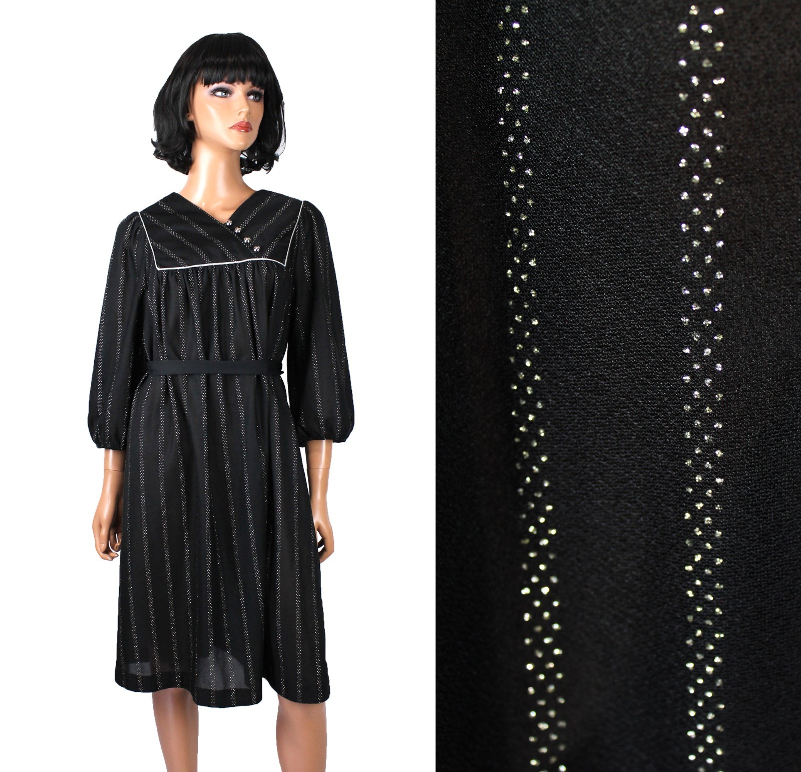 80s Cocktail Dress XL Black Stretchy Sparkly Silver Glitter Stripe Shift Tent