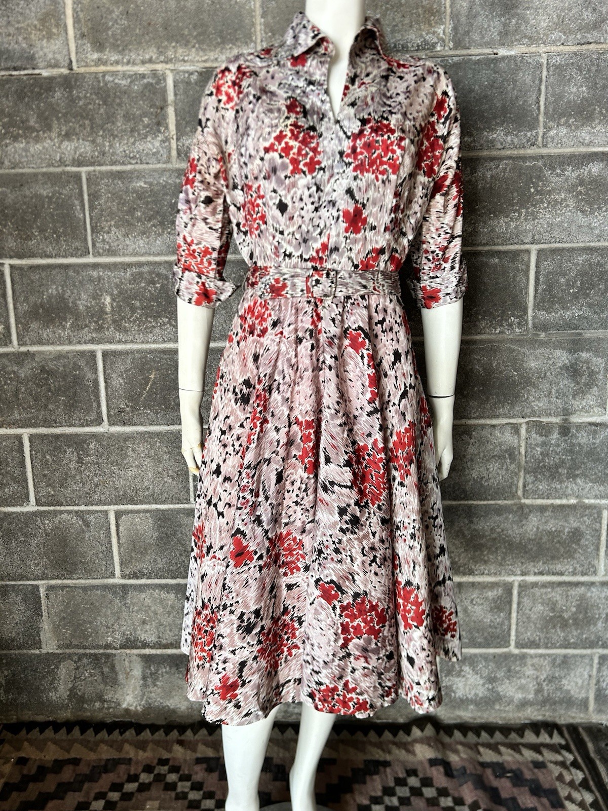 vtg 40s 50s abstract floral taffeta acetate cocktail collared Dress Rhinestones