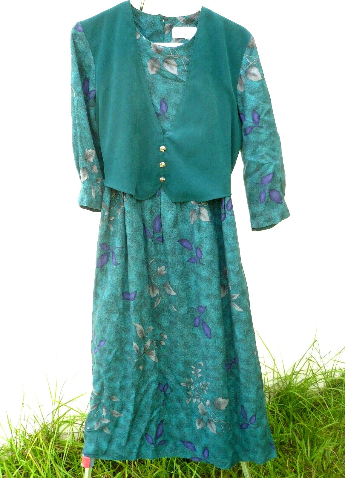 VTG 90S MISS DORBY P M GREEN GRAY PURPLE LEAF PLEAT SECRETARY VEST TEACHER DRESS