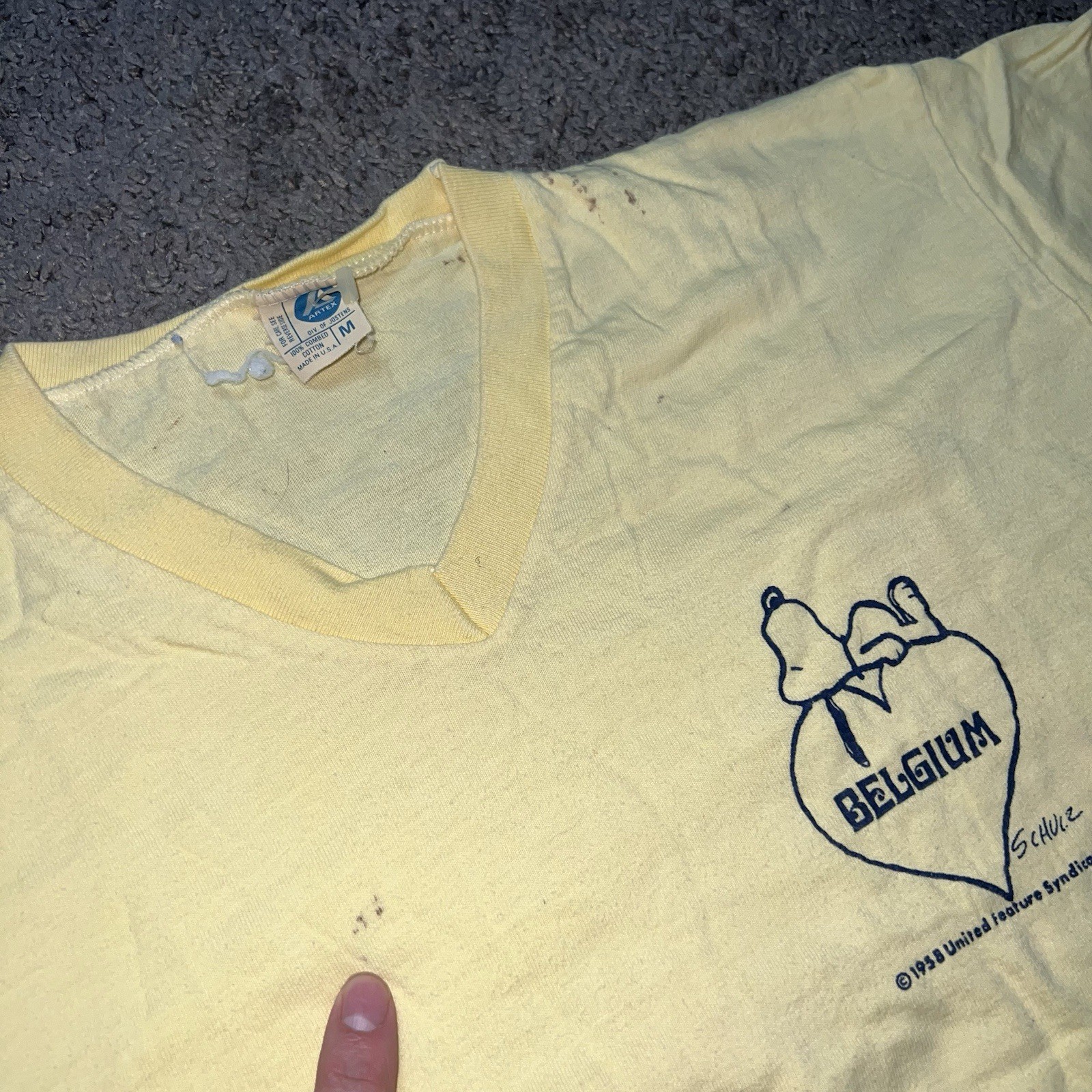 VTG 1958 Snoopy Woodstock Peanuts Raglan T-shirt Womens Yellow Artex USA