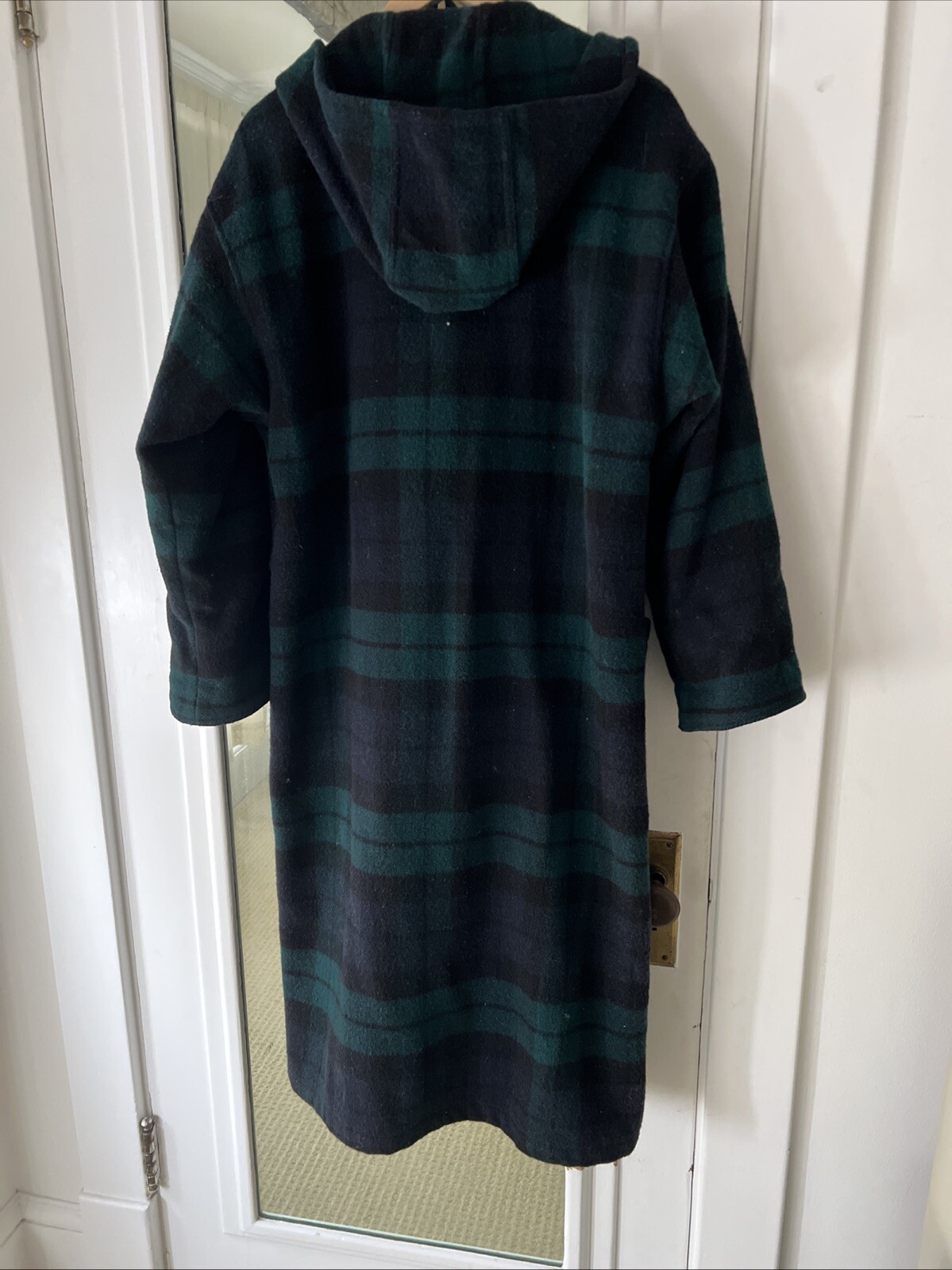 Vintage 80s HTF L.L. Bean Plaid Green Multi Fringe Wool Coat Hood Petite Medium