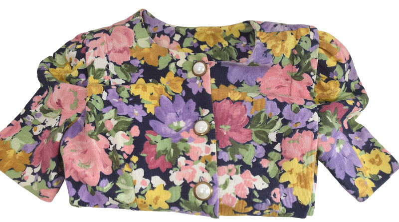 Vtg Corduroy Dress Womens XS-S Black Floral Button Front Shoulder Pads Made USA