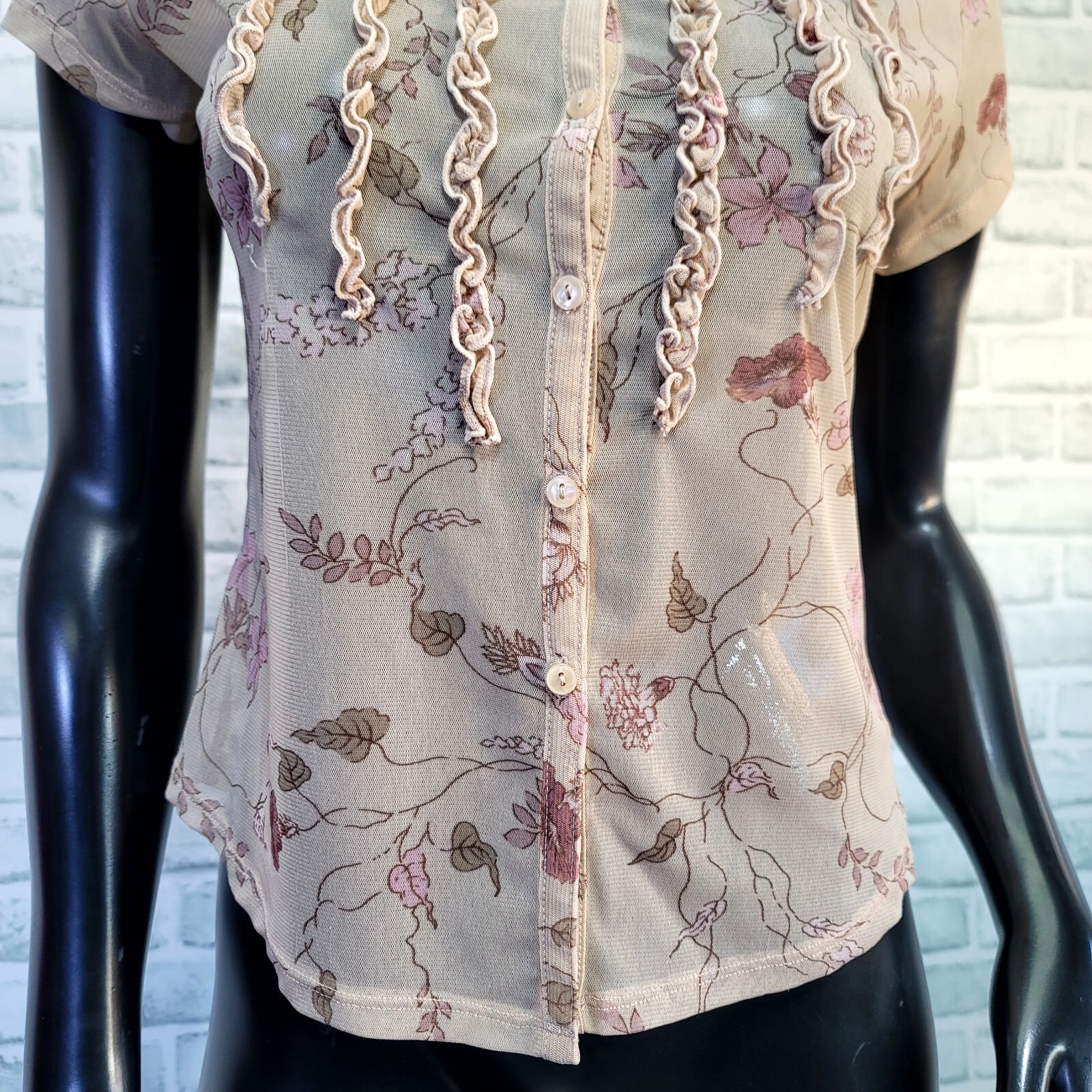 Vintage 90s Y2K The Limited Sheer Tan Pink Floral Ruffle Pintucked Button Front