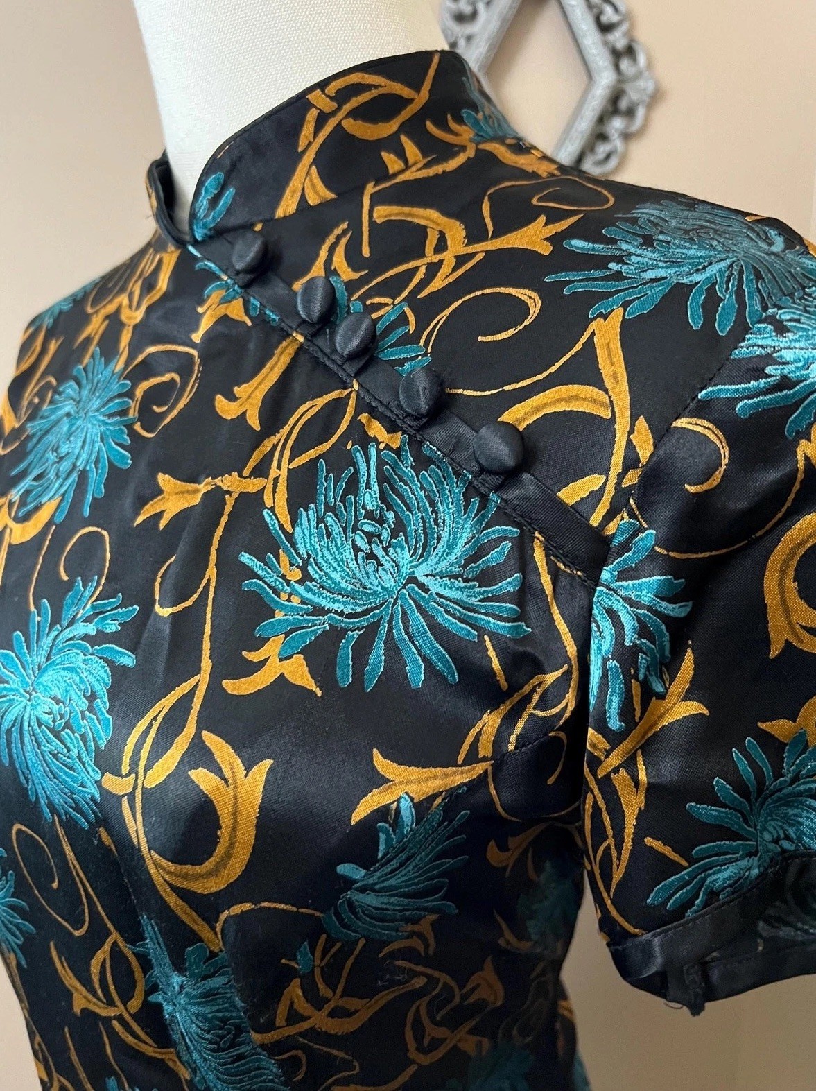 Vintage 90s Black Floral Satin Cheongsam Dress Whimsigoth Gothic Size 10 Med