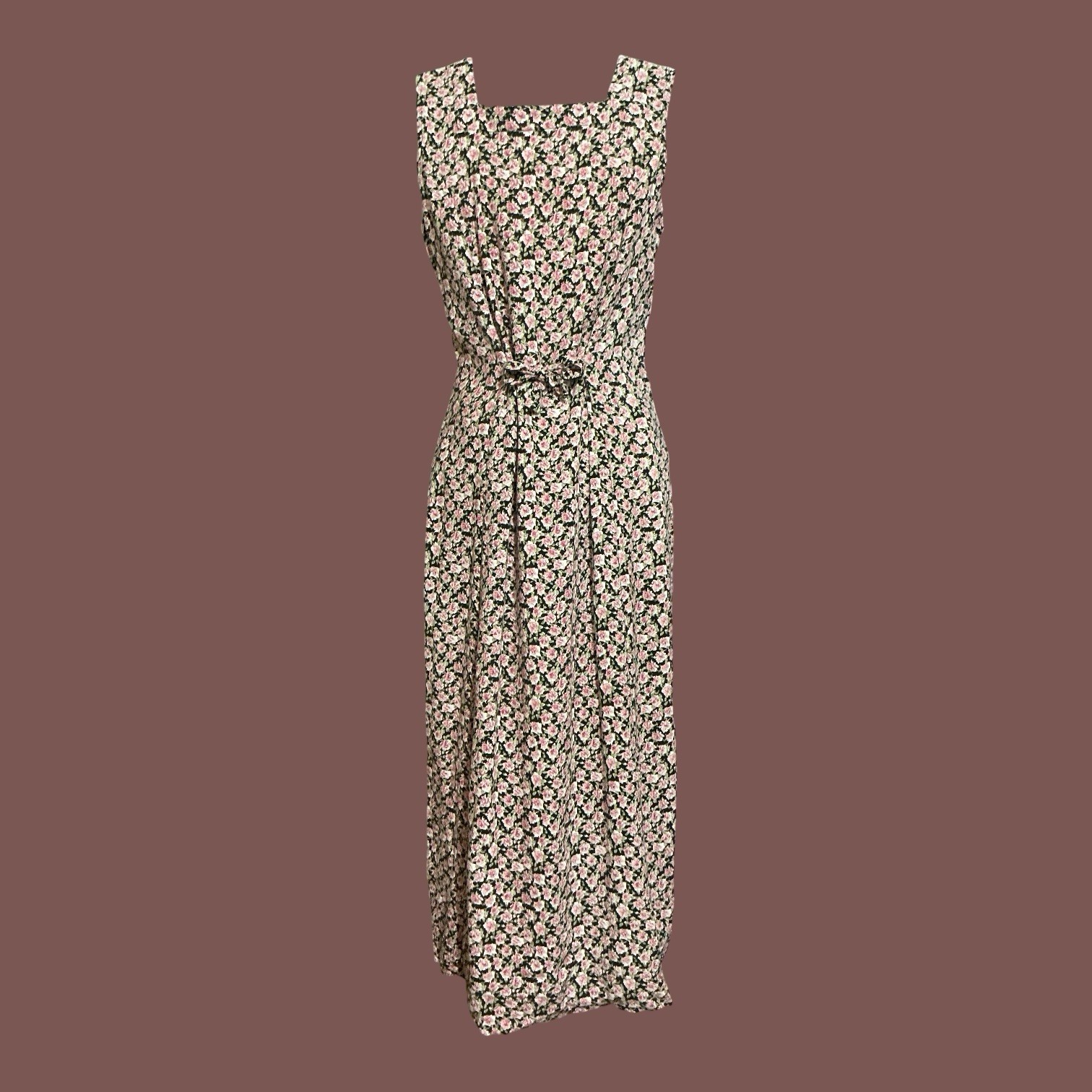 Vintage 90s Somerset Black Pink Rose Rayon Midi Dress Square Neck