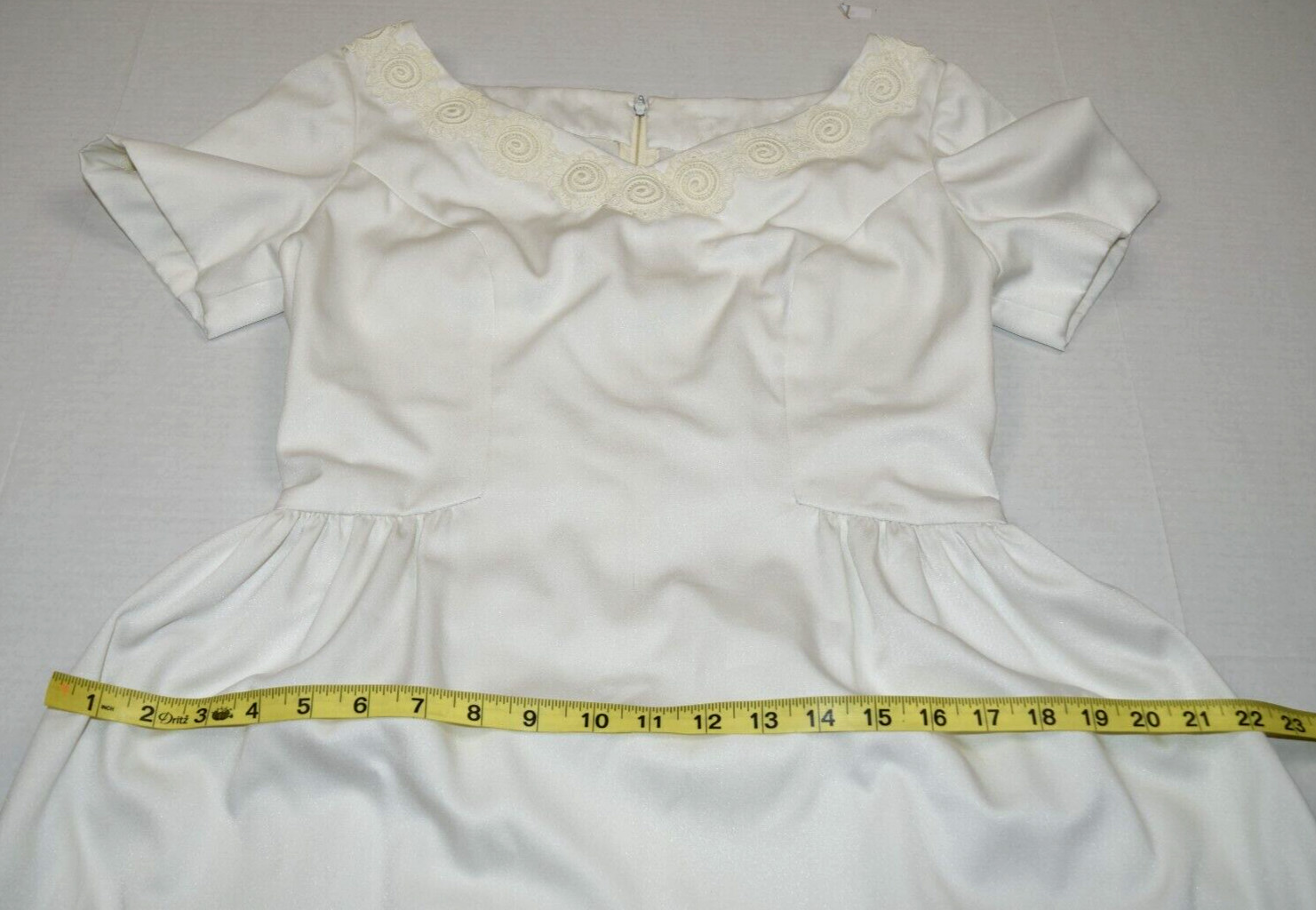 Vintage Wedding Dress Size S 60s Pearl Embroidered Trim Back Pleats Short Sleeve
