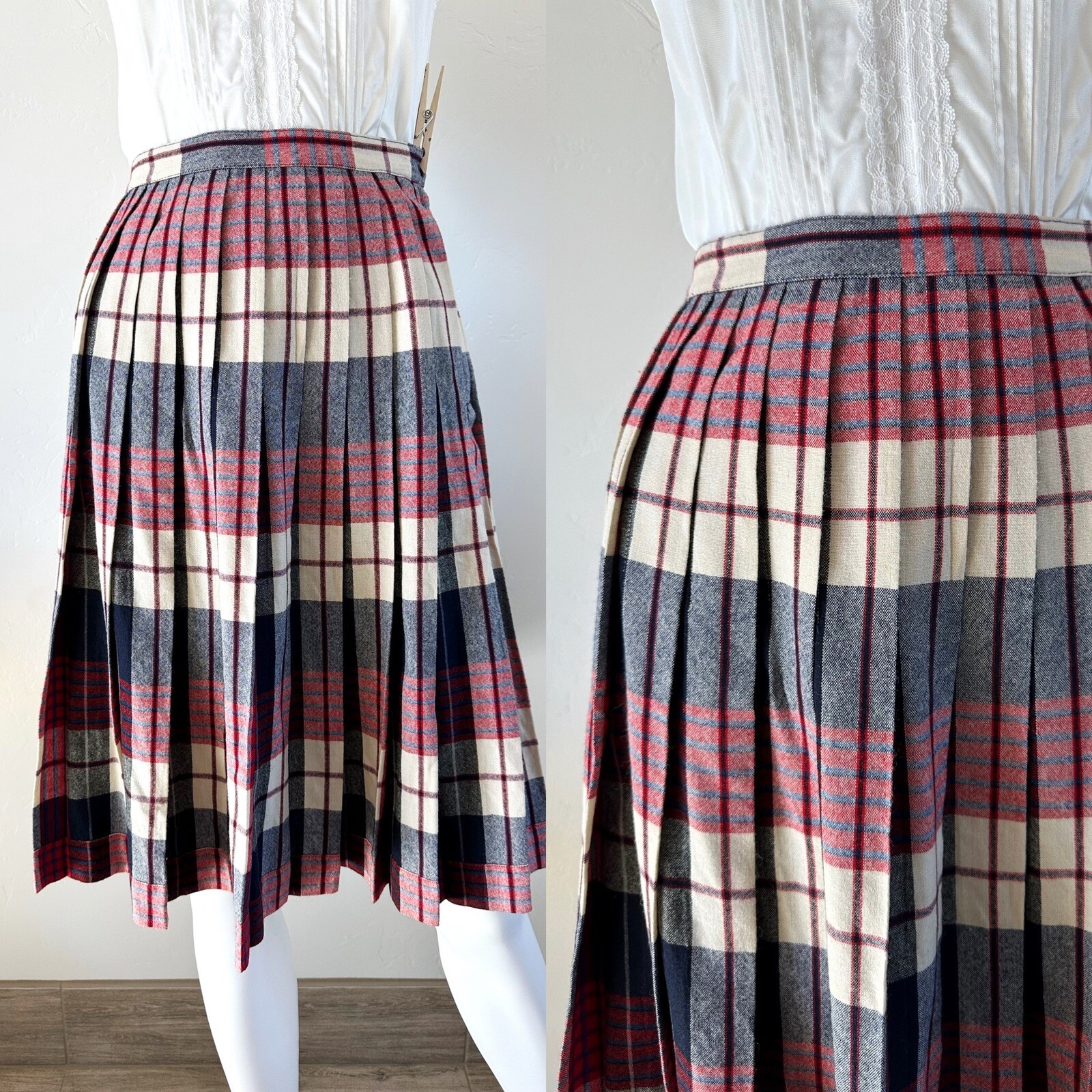 VTG 70S CENTURY OF BOSTON REVERSIBLE PLEATED PLAID SKIRT PREPPY FITS XS/0 24″W