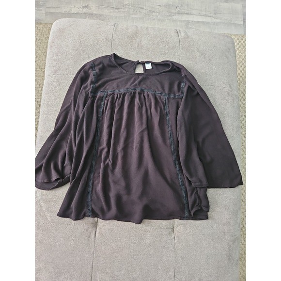 Old Navy Black Lace Trim Boho Blouse Large Rayon Bell Sleeve Peasant Top