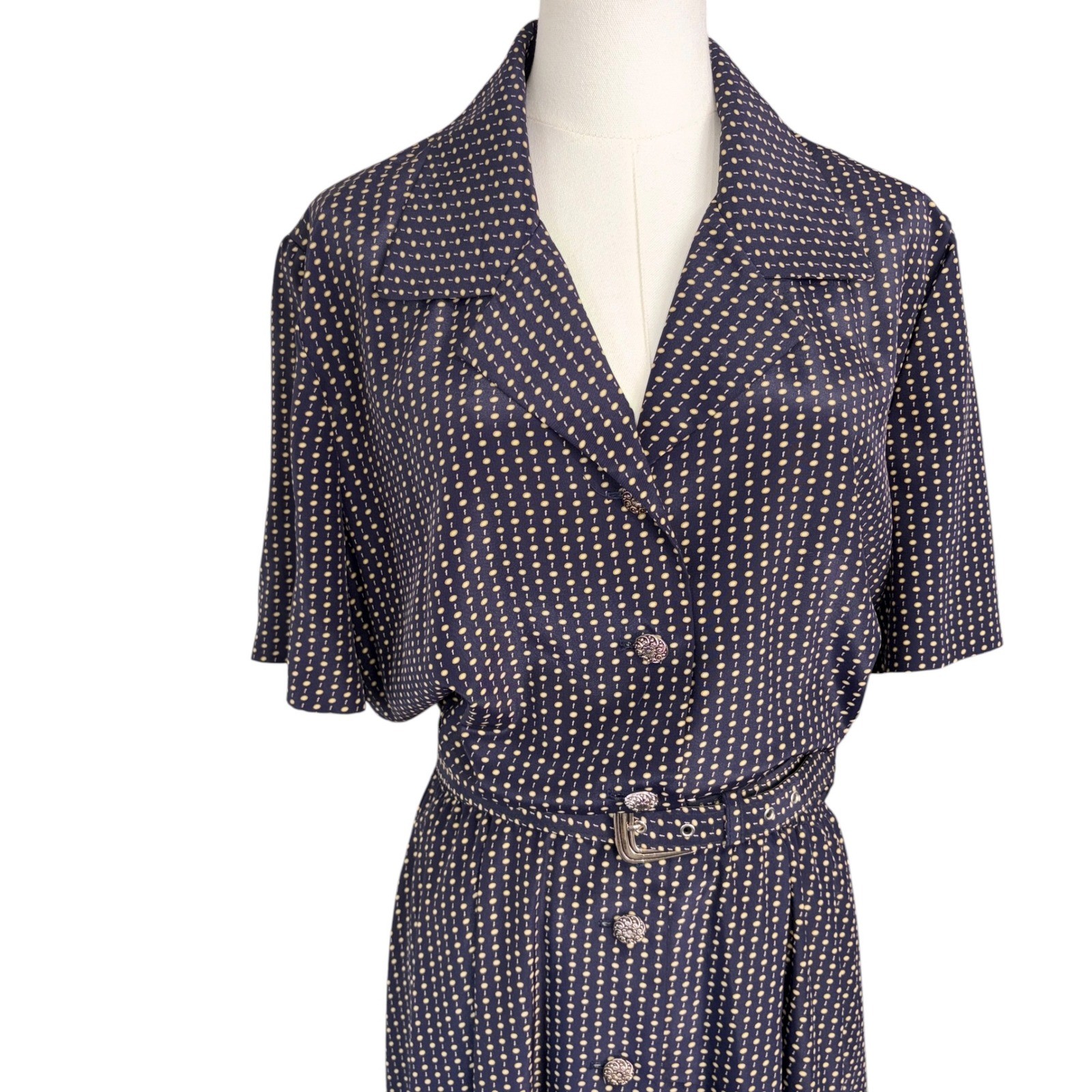 Leslie Fay Shirt Dress Womens Vintage Belted Midi Button Front 16 Navy Yellow