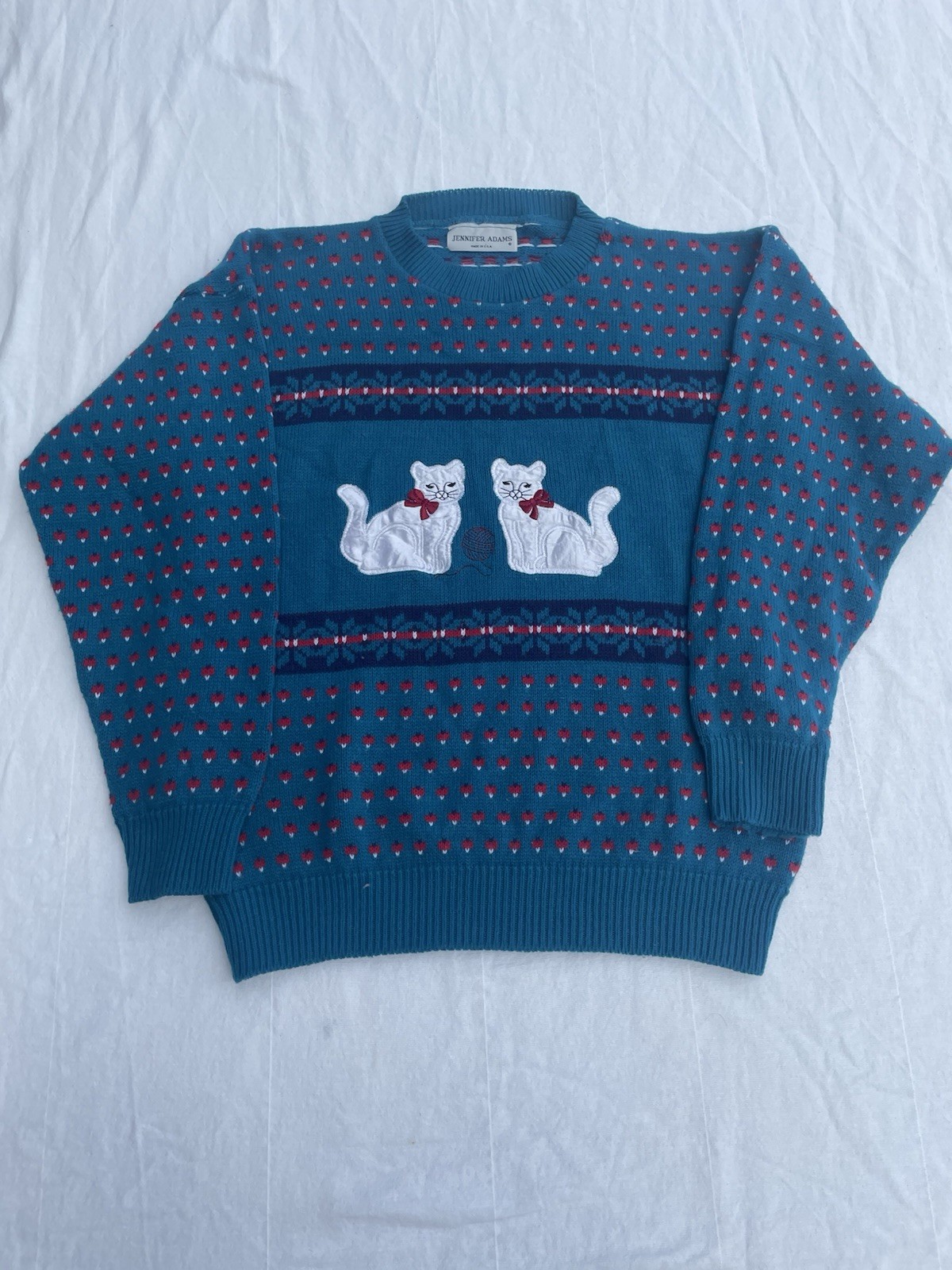 Vintage Cat Sweater Teal Knit Womens M USA Made Vintage 80s Kitschy Grannycore
