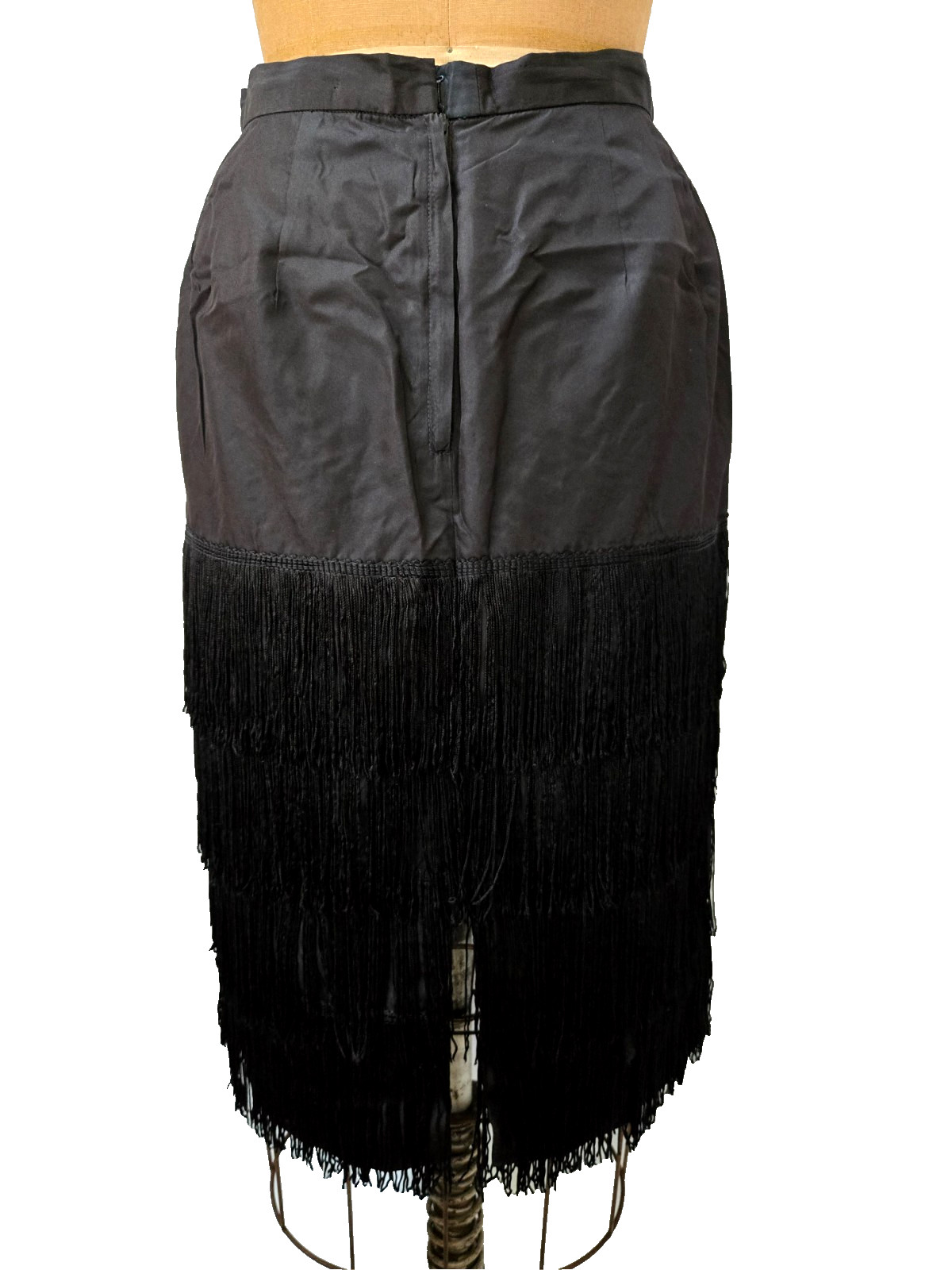 Vtg 80s Black Pencil Skirt Layered Fringe New Wave Retro Club Rockabilly Pinup 8