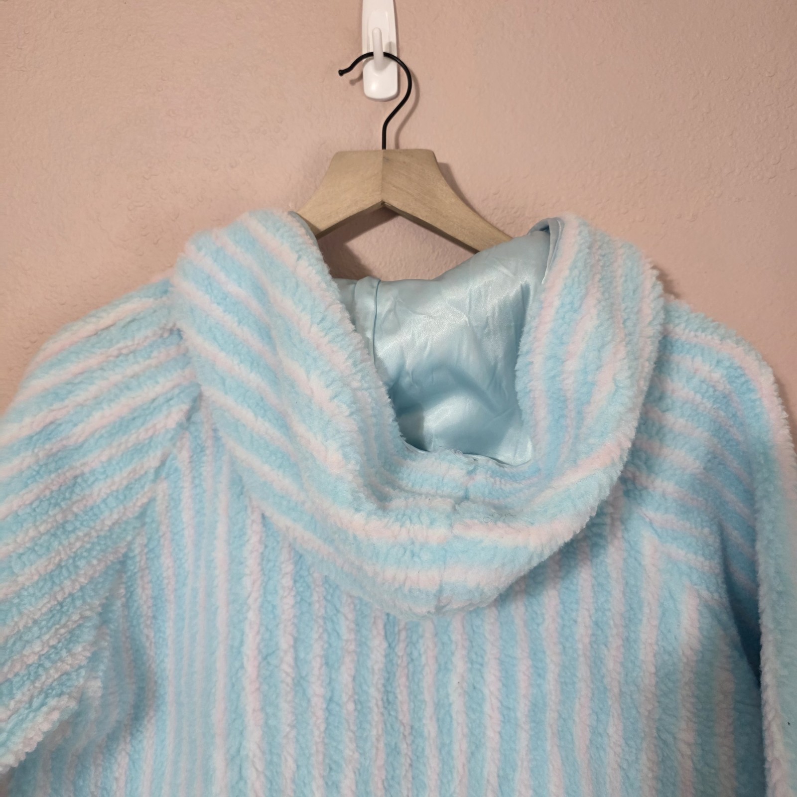 Borg Womens Vintage 60s Hooded Teddy Fleece Plush Zip Front House Coat Size Med