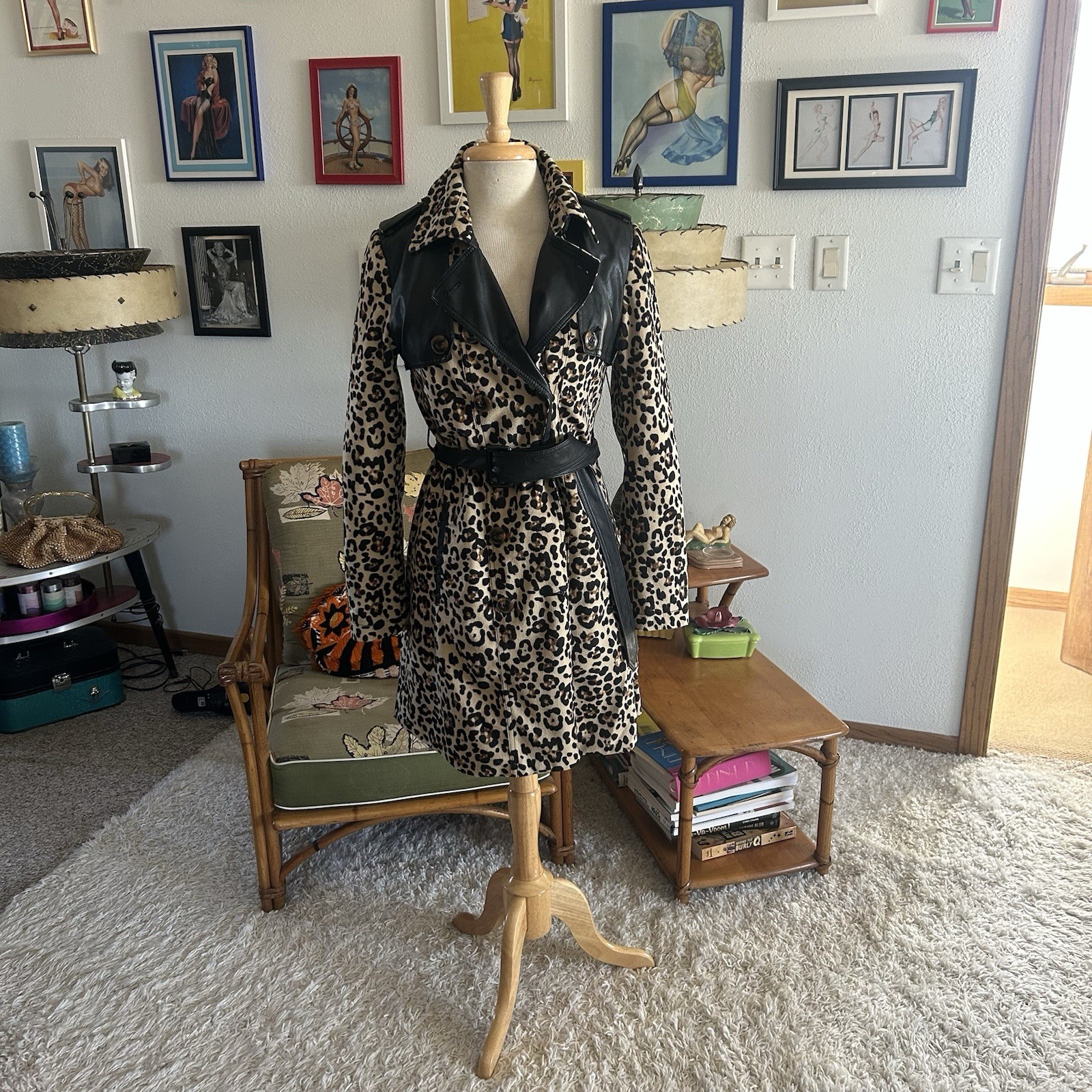 Retro 1950s style Coat | Leopard | Trench | Belted | S M | Colorblock | 60s