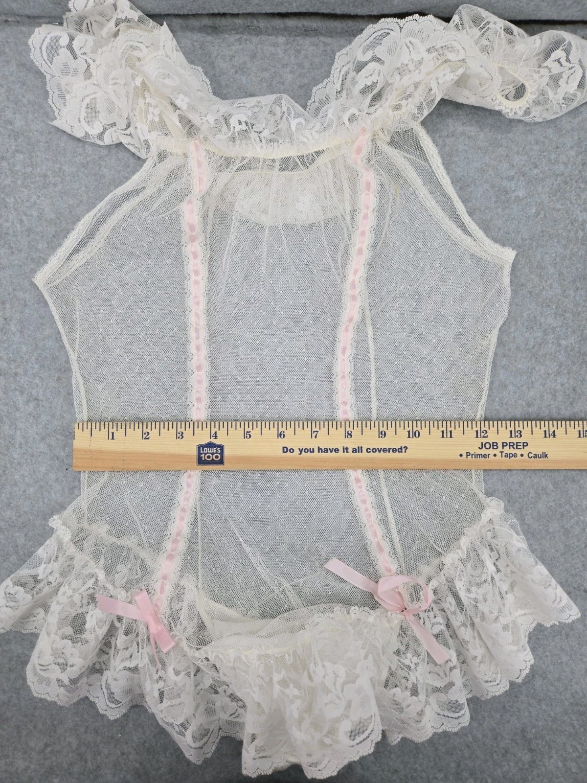 Vintage SHEER Lingerie BODYSUIT Panty FLORAL Lace Tank Top Soft Girl Bow S/M