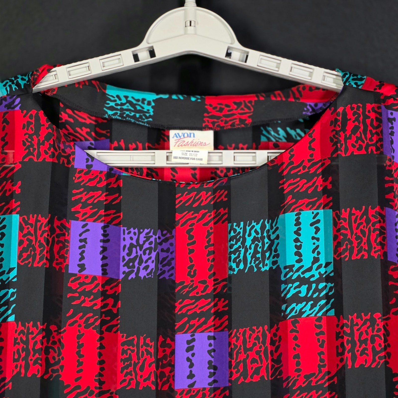 Vintage Avon Fashions Blouse 11/12 Red Purple Teal Black Plaid Boxy Top 80s 90s