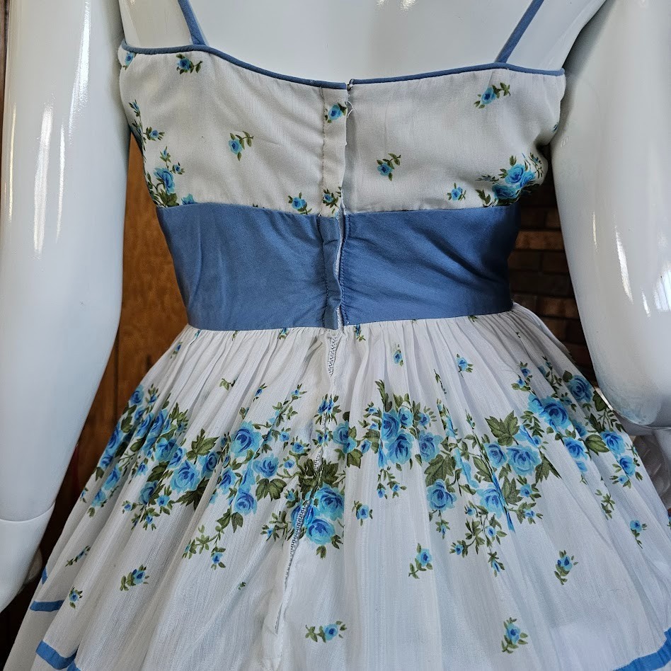 Vintage 50s Aqua Olive Cabbage Rose Voile Sheer Circle Skirt Party Prom Dress S