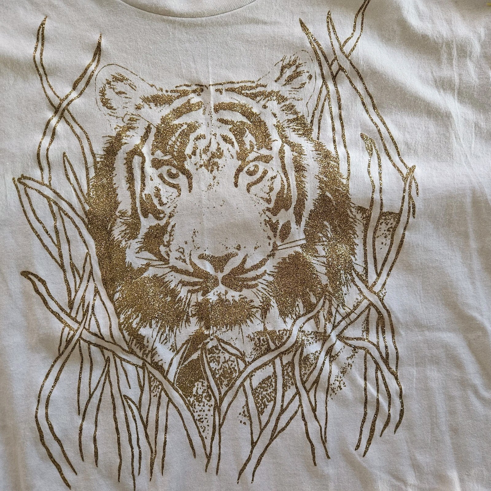 Vintage 1990’s Diamond Dust Gold Glitter Tiger T-Shirt Large Y2K Single Stitch