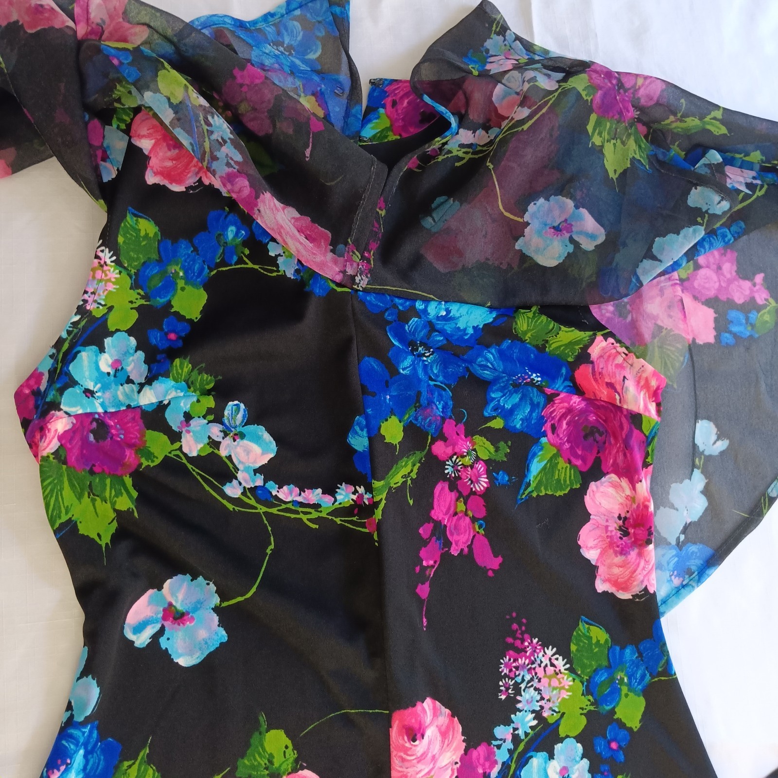 Vintage Floral Cape Sleeve Secretary Dress Black Pink Blue Chiffon Belted Sheer