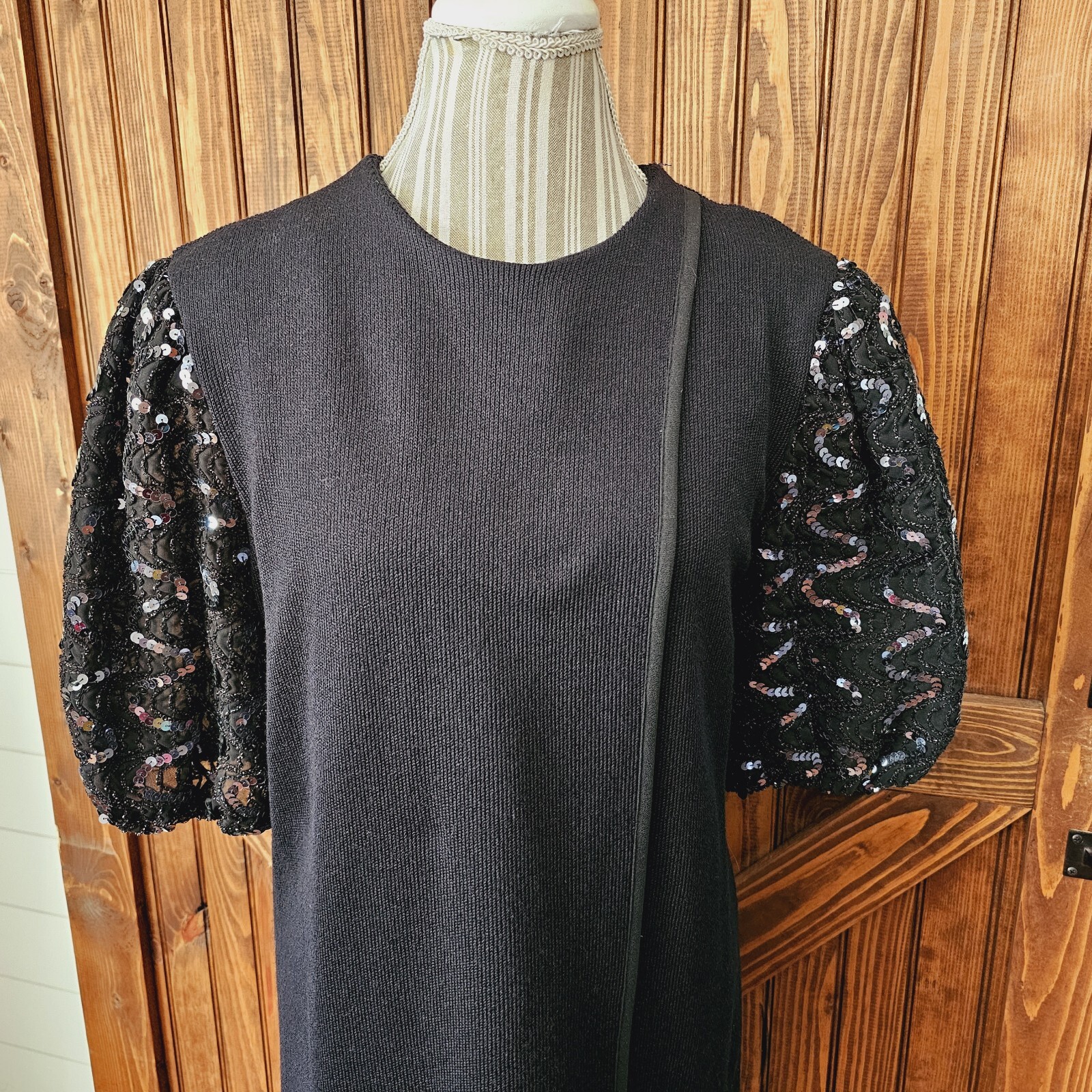 Vintage Leslie Fay Black Knit Sweater Layer Puff Sequin Sleeves Sz 16 (F2)
