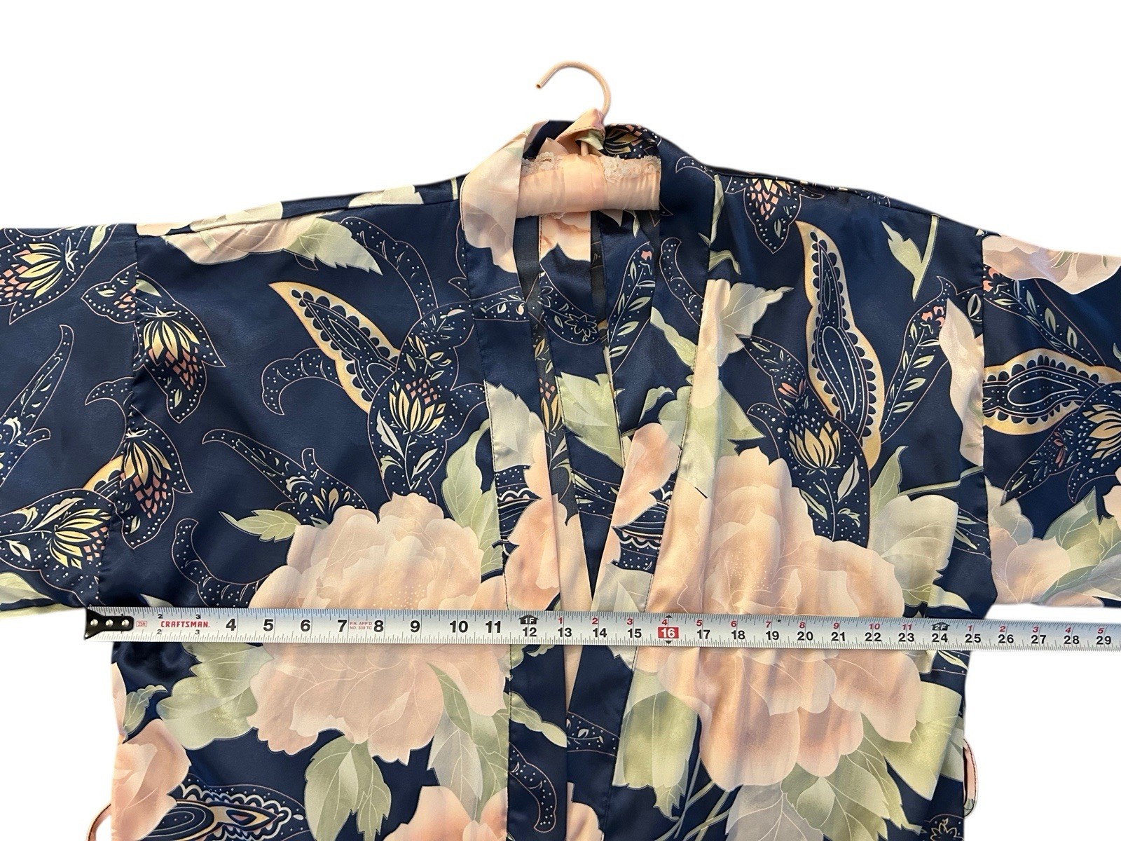 Vintage Satin Shiny Bell Angel Sleeve Kimono Robe Peach/Blush & Blue Floral