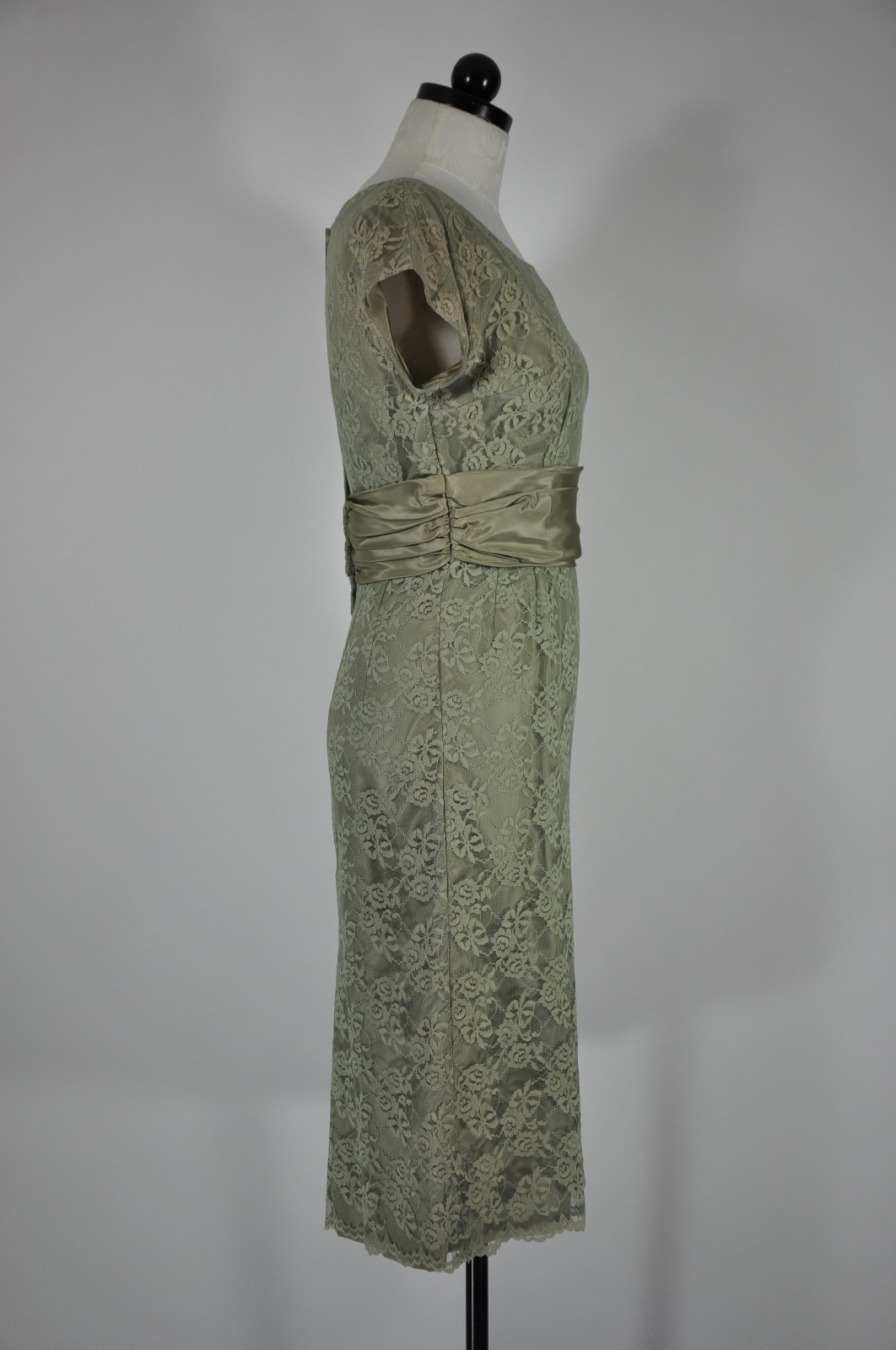 60s Vintage Sage Green Floral Lace Midi Sheath Wiggle Cocktail Dress Women XS S