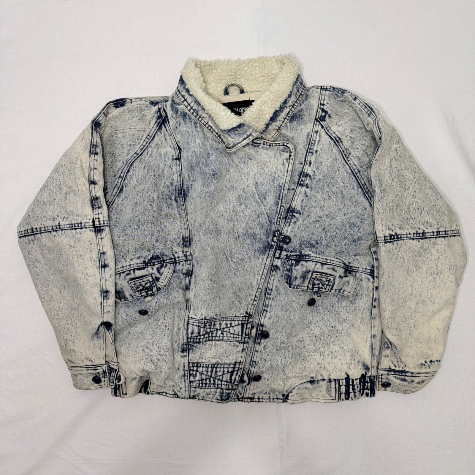 Vintage 80s Fabriano Acid Wash Denim Sherpa Bomber Jacket Womens L Cropped 90s