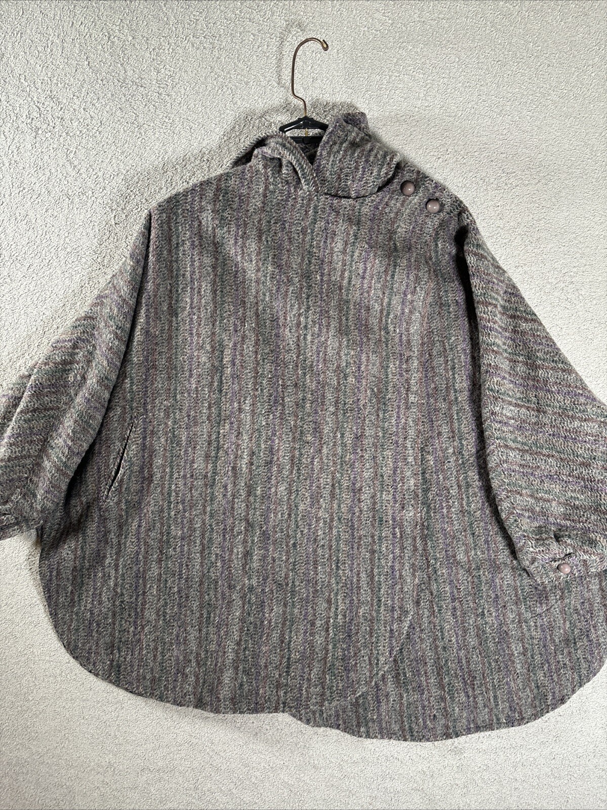 Vintage Claude Danielle Tweed Hooded Poncho Cape Grey Purple Red Women L-XXL