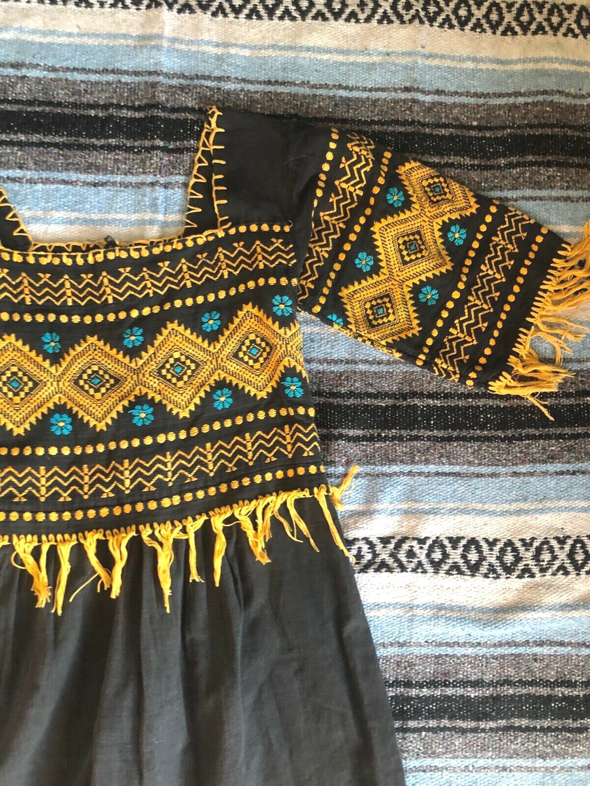 Dress M Vtg 70s Cotton EMBROIDERED FLORAL FRINGE Ethnic BOHO Mexican MIDI OOAK