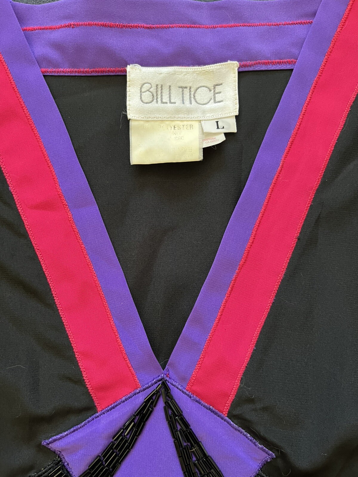 Vintage Designer Long Caftan Bill Tice Slinky Black w/ Pink Purple Beads Pockets