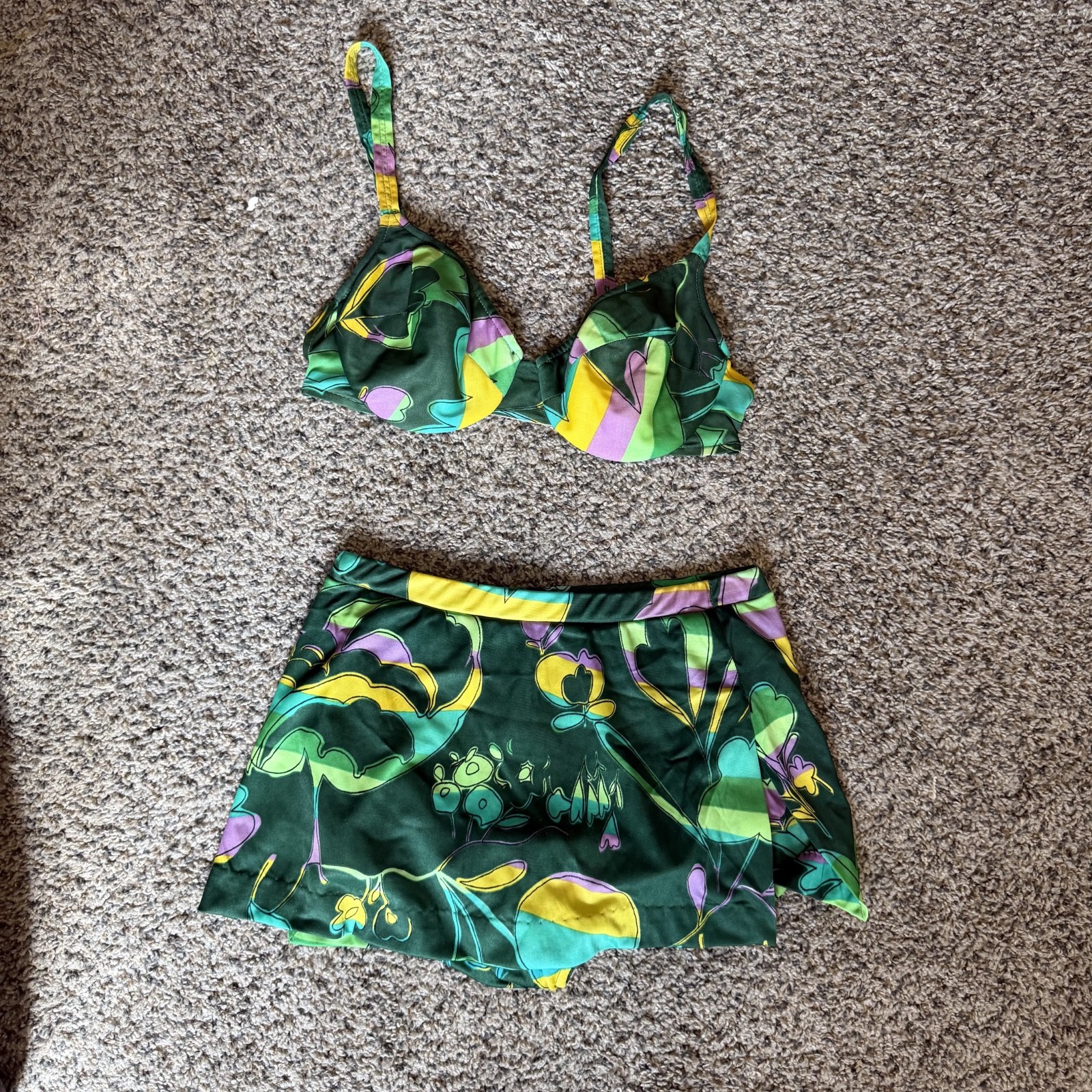 Vtg 60’s 70’s MOD Swimsuit Bikini Accentuette skort Bra Fully Lined