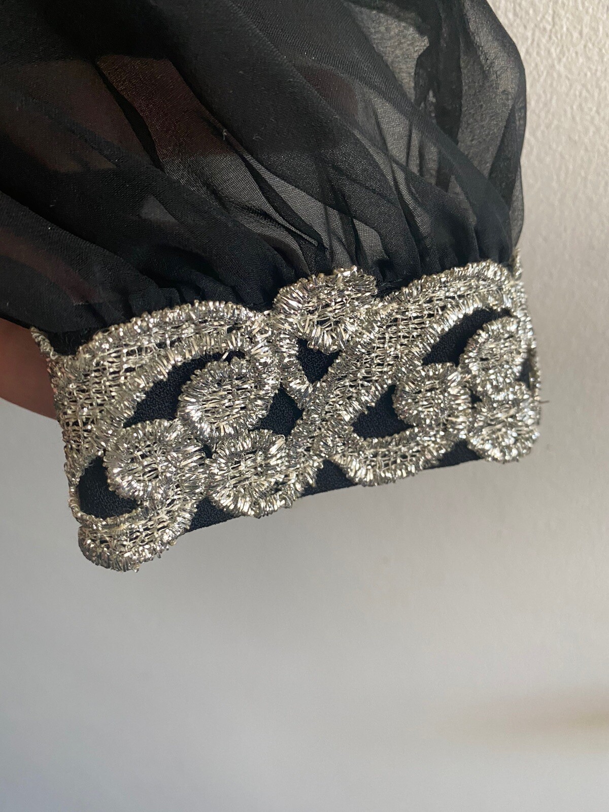 VTG Black Dress Silver Metallic Soutache Trim Sheer Sleeves Keyhole Neckline sz9