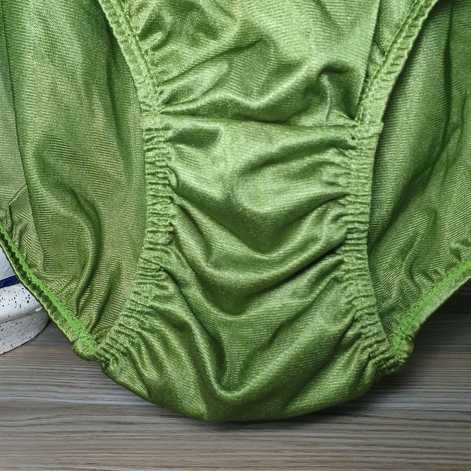 VTG Silky Nylon Panty Olive Green Granny Double Gusset Brief Sz 10-11 Hip 48-52″