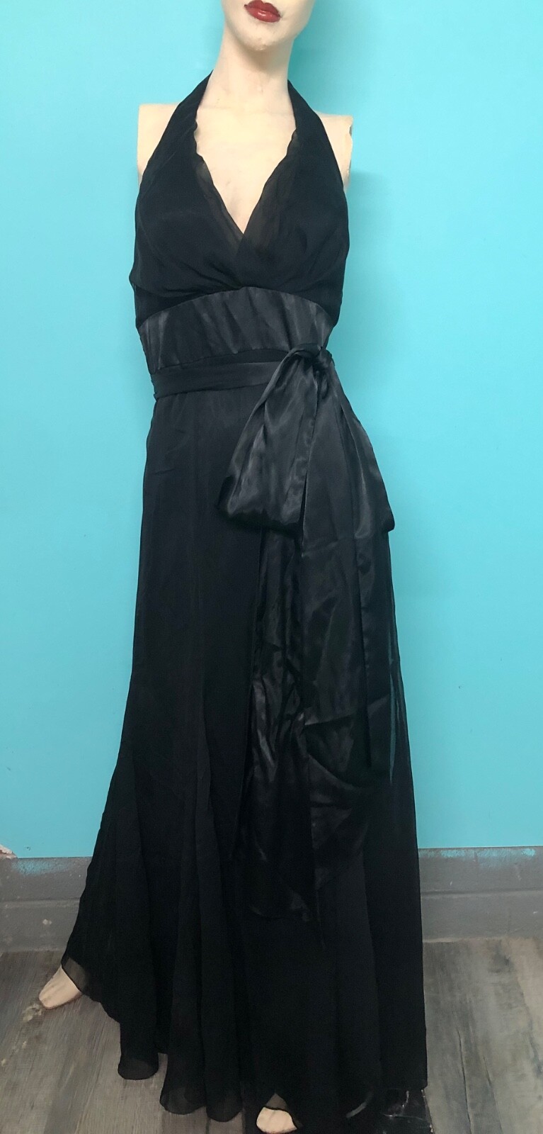 VTG Y2K WATTERS/WATTERS Black Halter Chiffon Satin Mermaid Evening Formal Gown~8