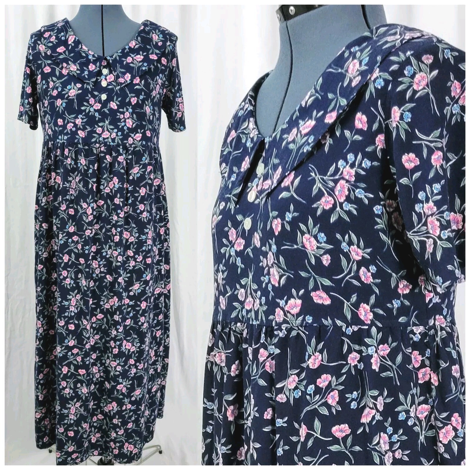 Vtg Ulterior Motives Navy Blue Floral Dress w Raised Waistline & Collar Size M